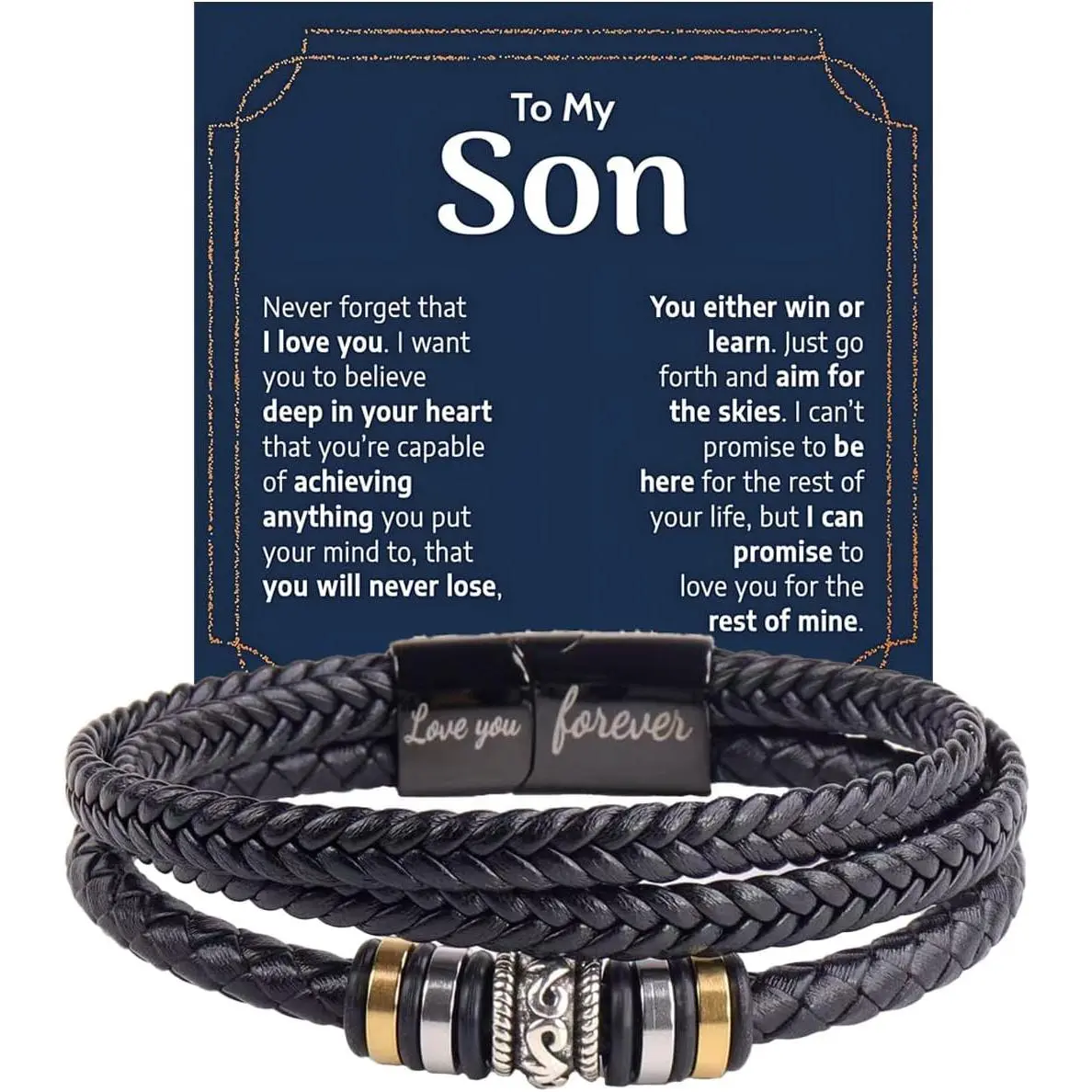 To My Son/Grandson Bracelet From Mom Grandmother, Forever Linked Together Black Braided Leather Infinity Knot Inspirational Bracelets Engraved Love You Forever Birthday