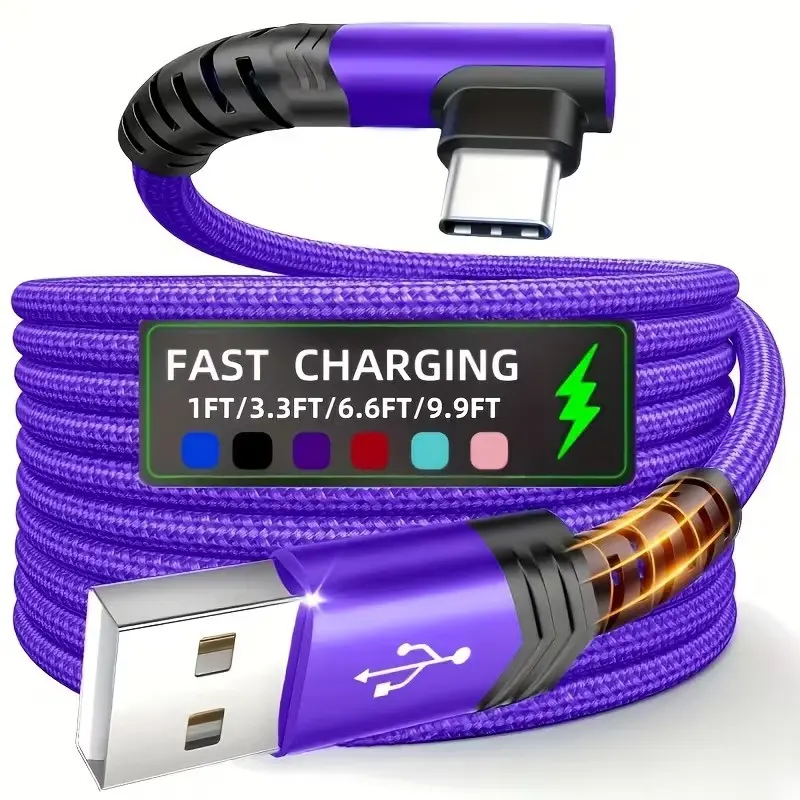 Type-C Fast Charger with 90 Degree USB to USB-C Cable, Durable Braided Copper Aluminum Wire, 30w Output for Samsung Huawei Xiaomi Oppo Oneplus