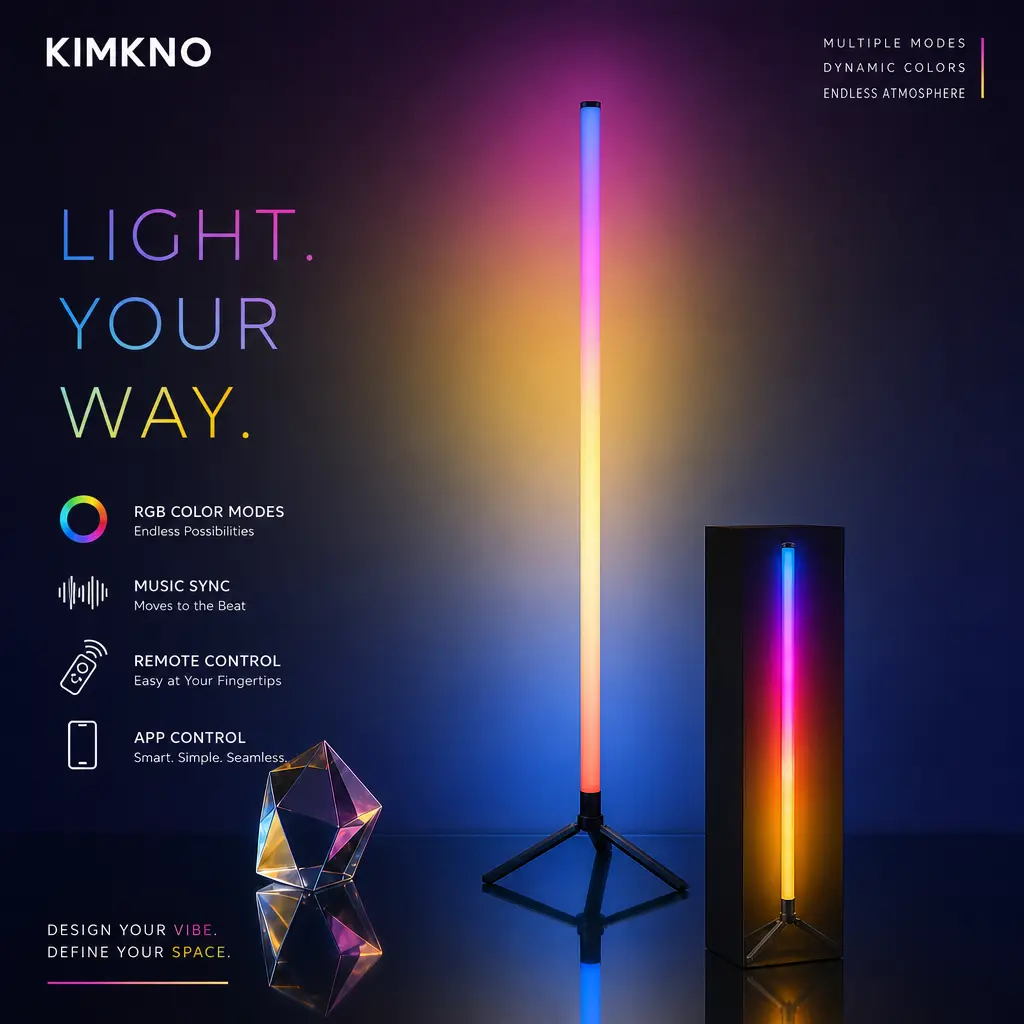 KIMKNO RGB Corner Floor Lamp, USB-Powered LED Light Bar with Remote Control, 16M Color Music-Sync Dimmable Ambient Light, Modern Room Decor for Gaming Room, Bedroom, Gift Idea for Teens mode rgbic dual controller setting timer