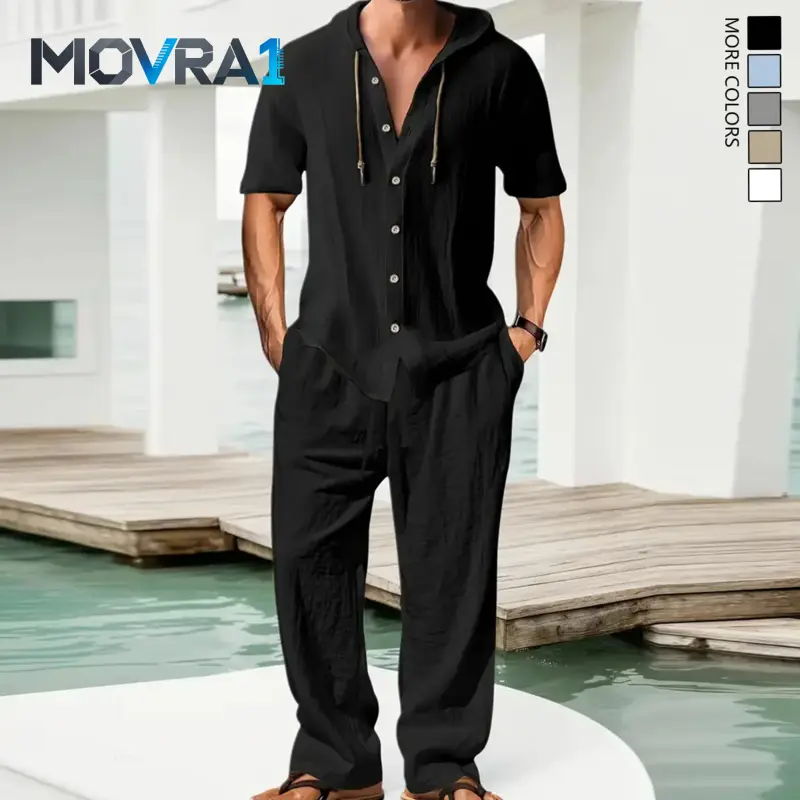 MOVRA1 Men's 2-Piece Linen Clothing Set - Loose-Fitting Short-Sleeve Hooded Button-Down Shirt & Plain Pants, Minimalist Fashion Casual Beach Menswear, Mens Clothing, Men's Wear, Fashion Sets, Shortsleeve, Fashion Clothing
