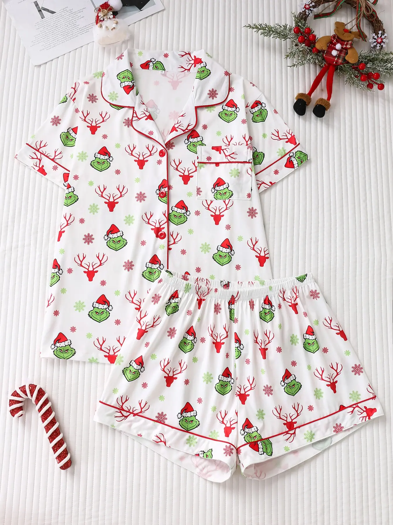 Two-Piece Christmas Pajama Set, Face Monster Reindeer Snowflake Print, Button Front Short Sleeve, Comfortable Loose Shorts, Women's Sleepwear