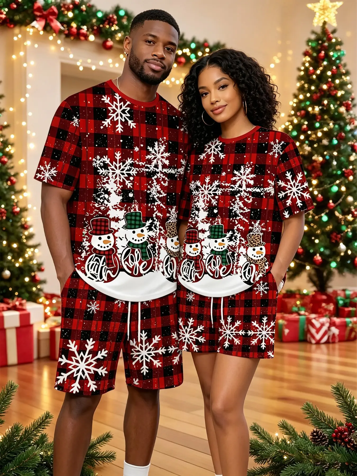 Christmas Couples Set, Plaid Snowman Snowflake Print Short Sleeve T-Shirt and Shorts, Holiday Home Wear Pajama Set, Unisex