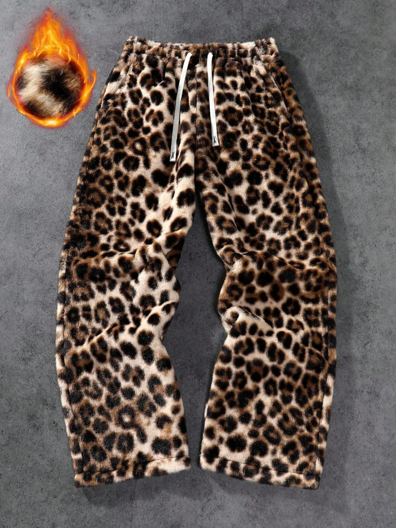 Leopard Print Fuzzy Drawstring Wide‑Leg Pants，Thick Furry Warm Draped Straight‑Leg Trousers，Unisex Autumn Winter Trendy Sweatpants，Flattering For All Body Types & All‑Age‑Friendly Outfit，American Vintage Streetwear Loose Casual Pants