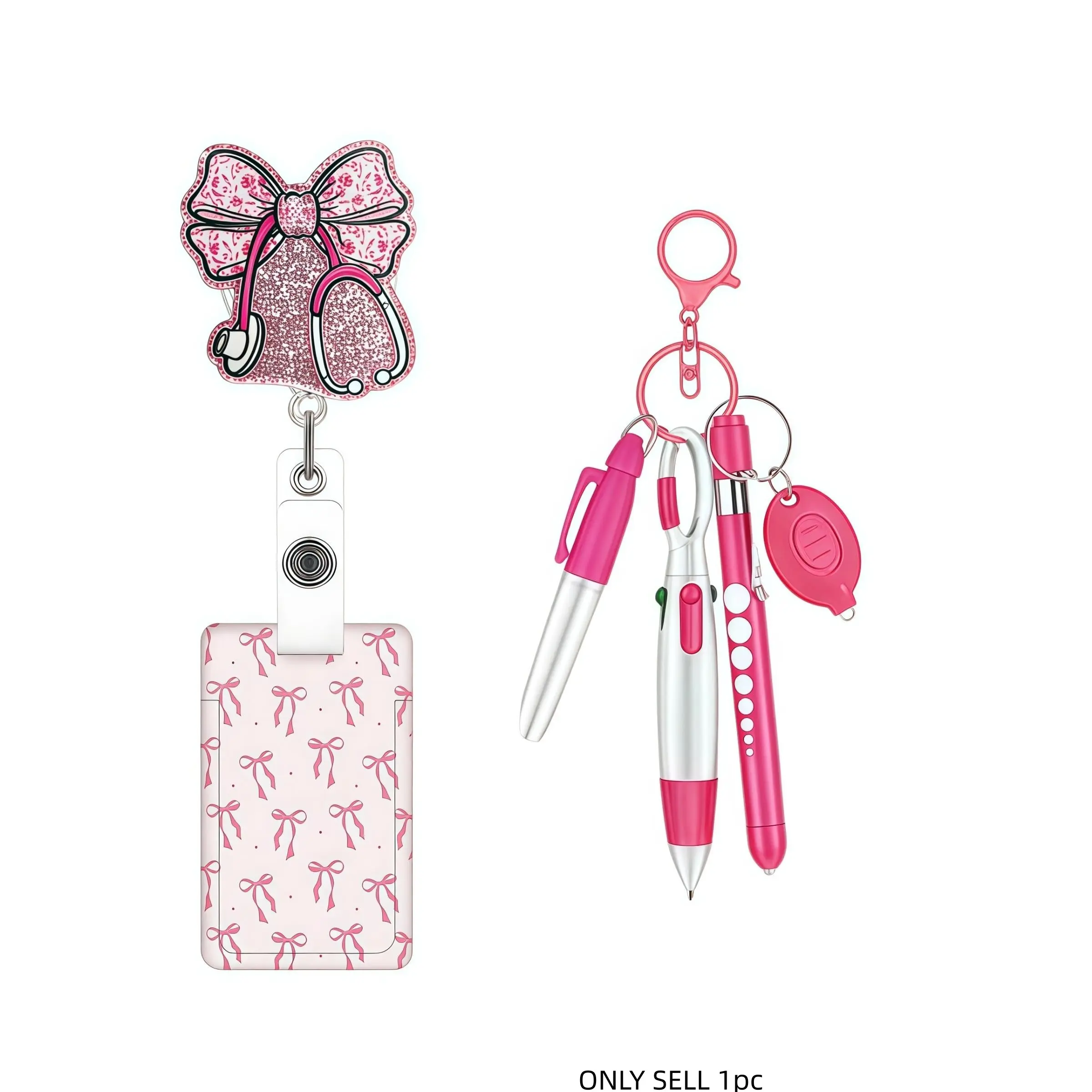 Stethoscope Badge Clip Set, Bow Print Card, Fluorescent Pen Eld Light, Transparent Card Holder, Cute Design Badge Decoration, Badge Accessories, Id Card Decoration for Office Nurses Doctors, Office Supplies