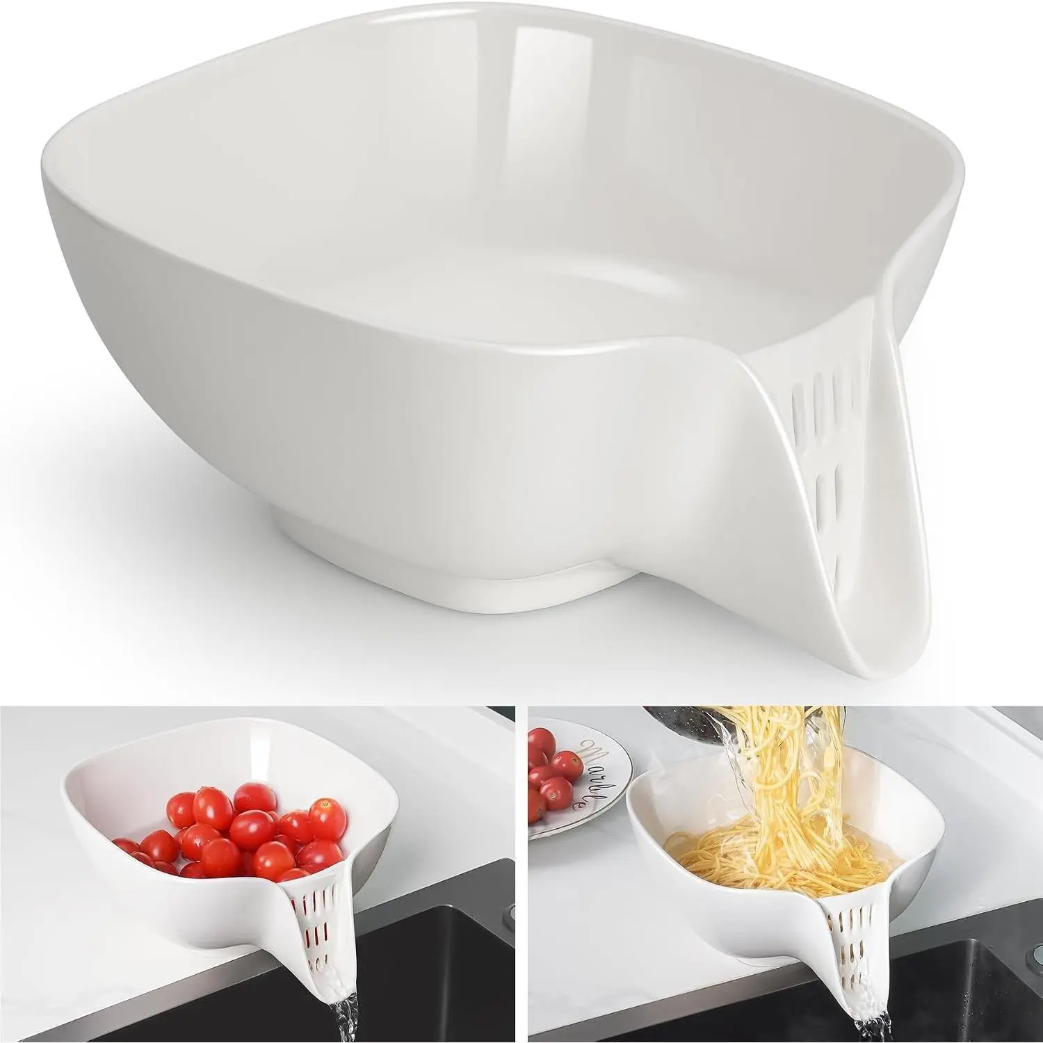 Multifunctional Ceramic Food Strainer with Integrated Drain Spout, Large Capacity Colander Bowl for Vegetables, Fruits, Pasta & More, Heat-Resistant, Crack-Proof, Easy to Clean, Dishwasher-Safe
