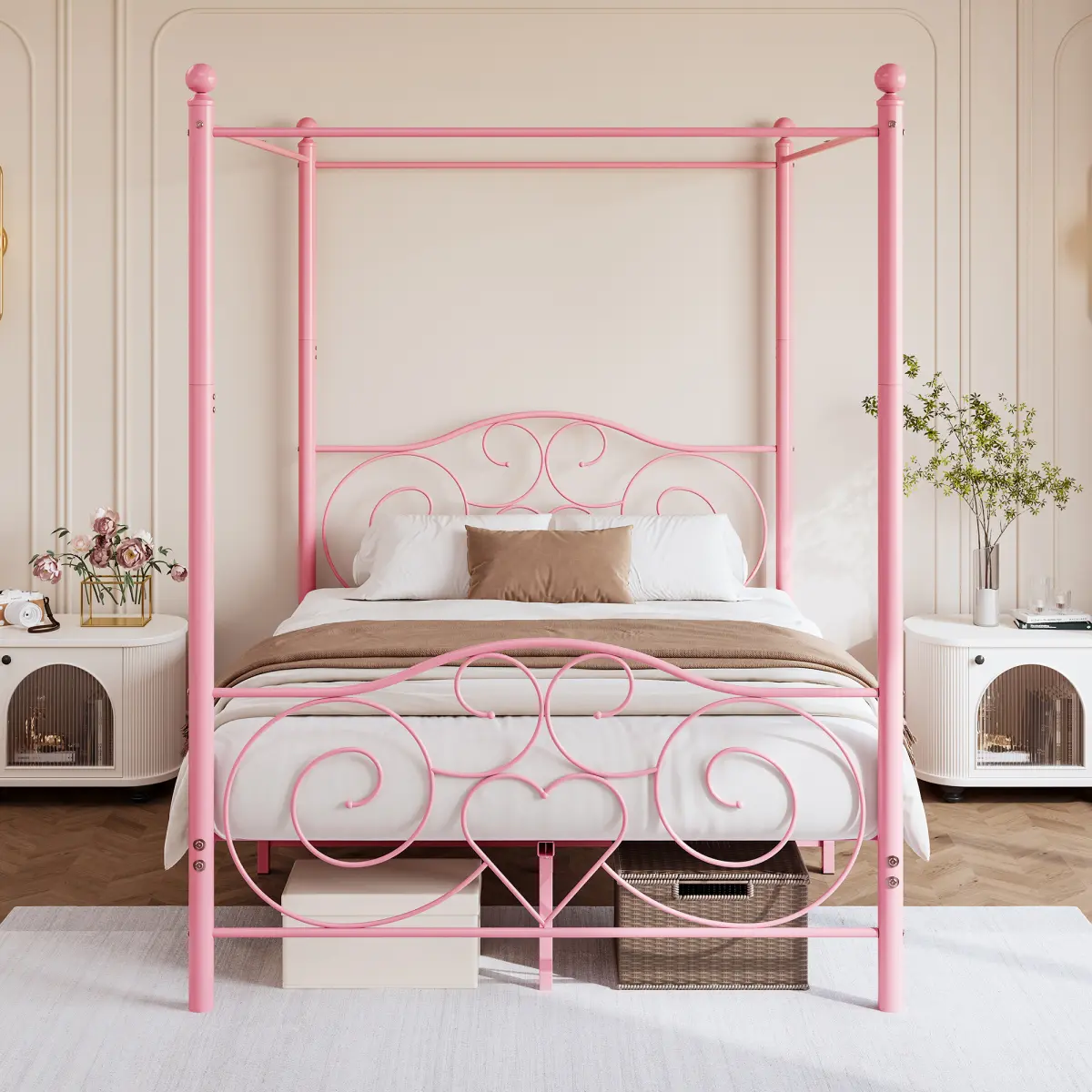 Metal Canopy Bed Frame with Vintage Style Headboard & Footboard, Easy Assembly All Parts Included, Queen/Full Pink/Black