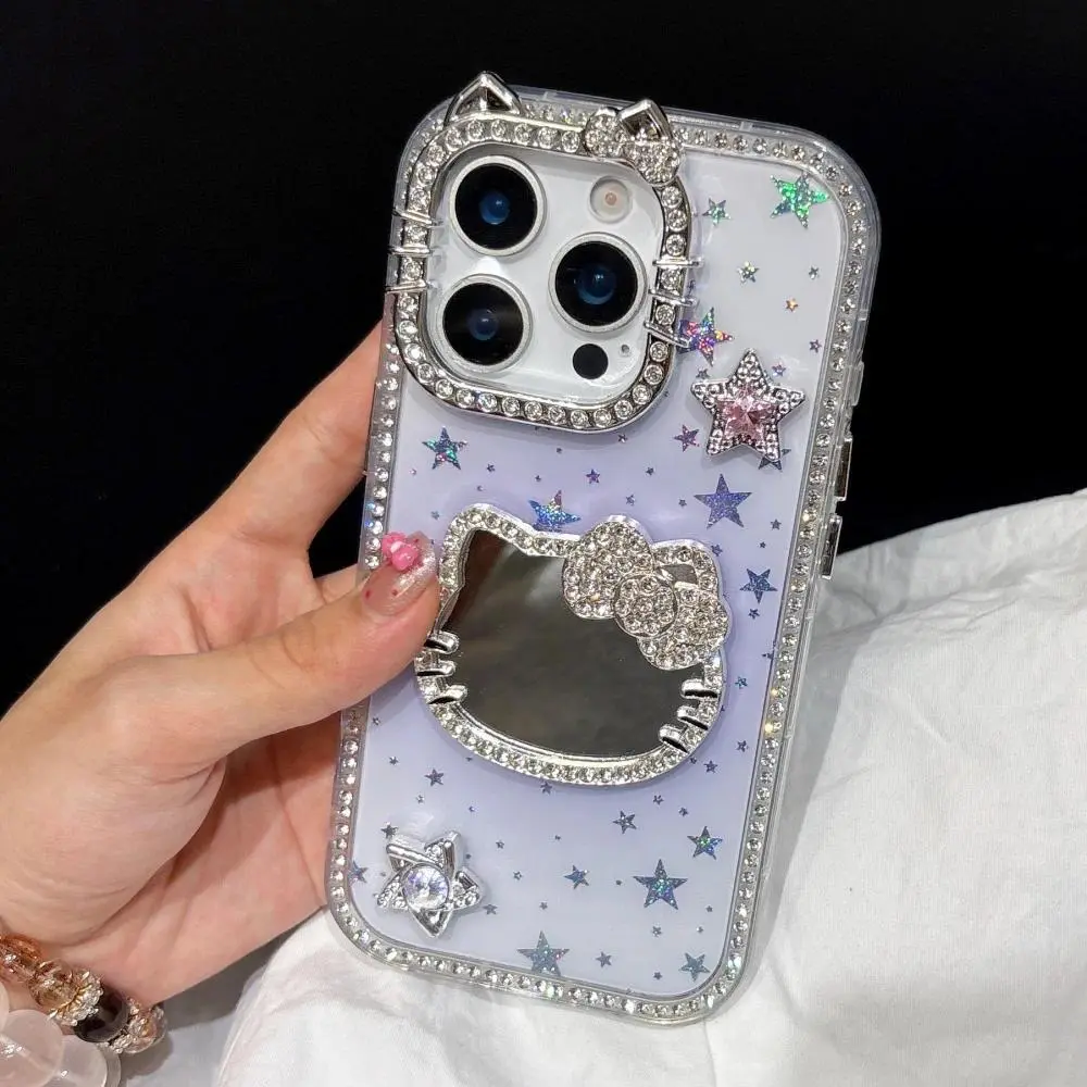 Trendy 3D Glitter Cat Mirror Bow iPhone Case For iPhone 17 16 15 14 13 12 Pro Max Plus, Drop-Proof Protective Case