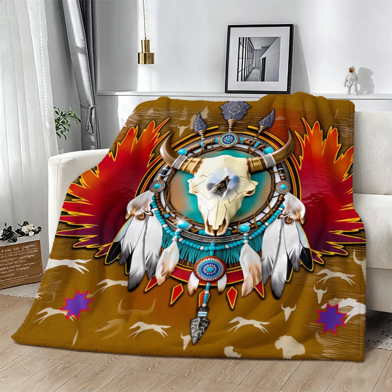 Buffalo Skull Print Throw Blanket, Soft Flannel Decorative Blanket, for Sofa, Bed, Couch & Cabin Camping, All Season Warm Blanket, Unique Gift for Tribal Art Lovers