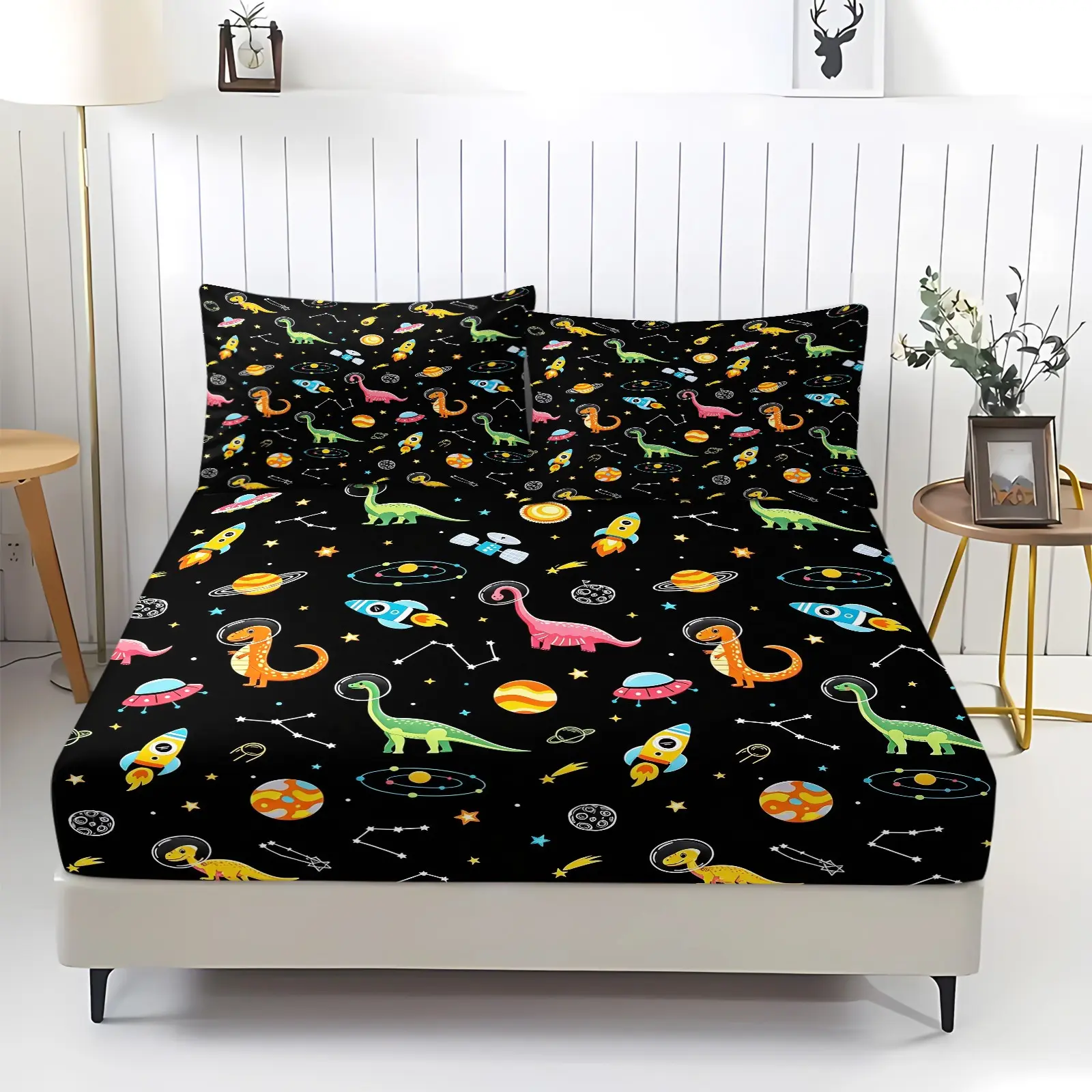 Space Dinosaur Fitted Sheet Set 3 Pcs, Cute Aliens UFO Dinosaur Printed Bedding for Girls Boys Room Decor,Animal Themed Dinosaur Bedding,1 Fitted Sheet+2 Pillowcases