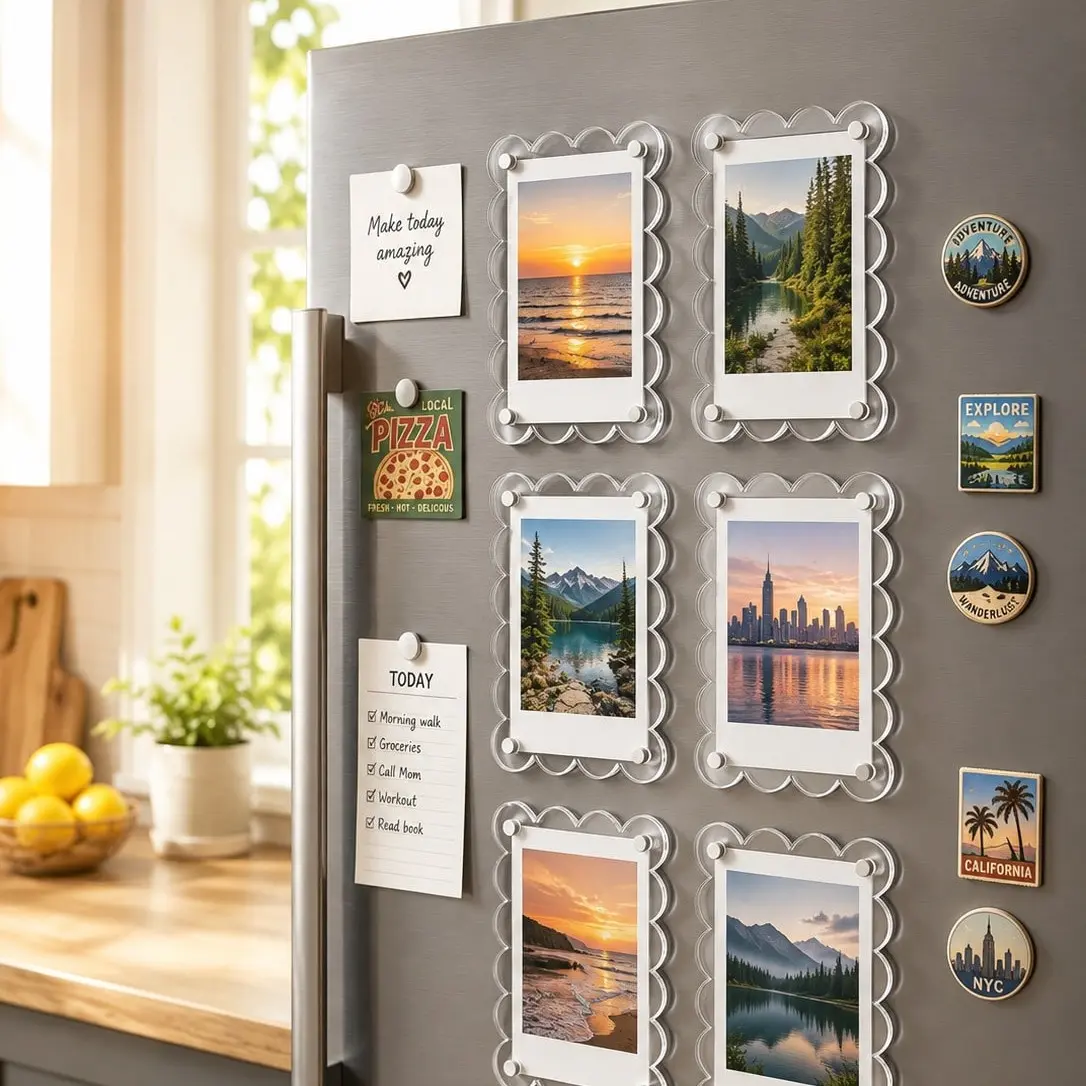 2pcs Acrylic Magnetic Refrigerator Photo Frames, 2.7 X 3.9 Inch Clear Wavy Edge, Mini & Wallet Size Photos, Refrigerator Decoration, Magnet Picture Frames For Fridge