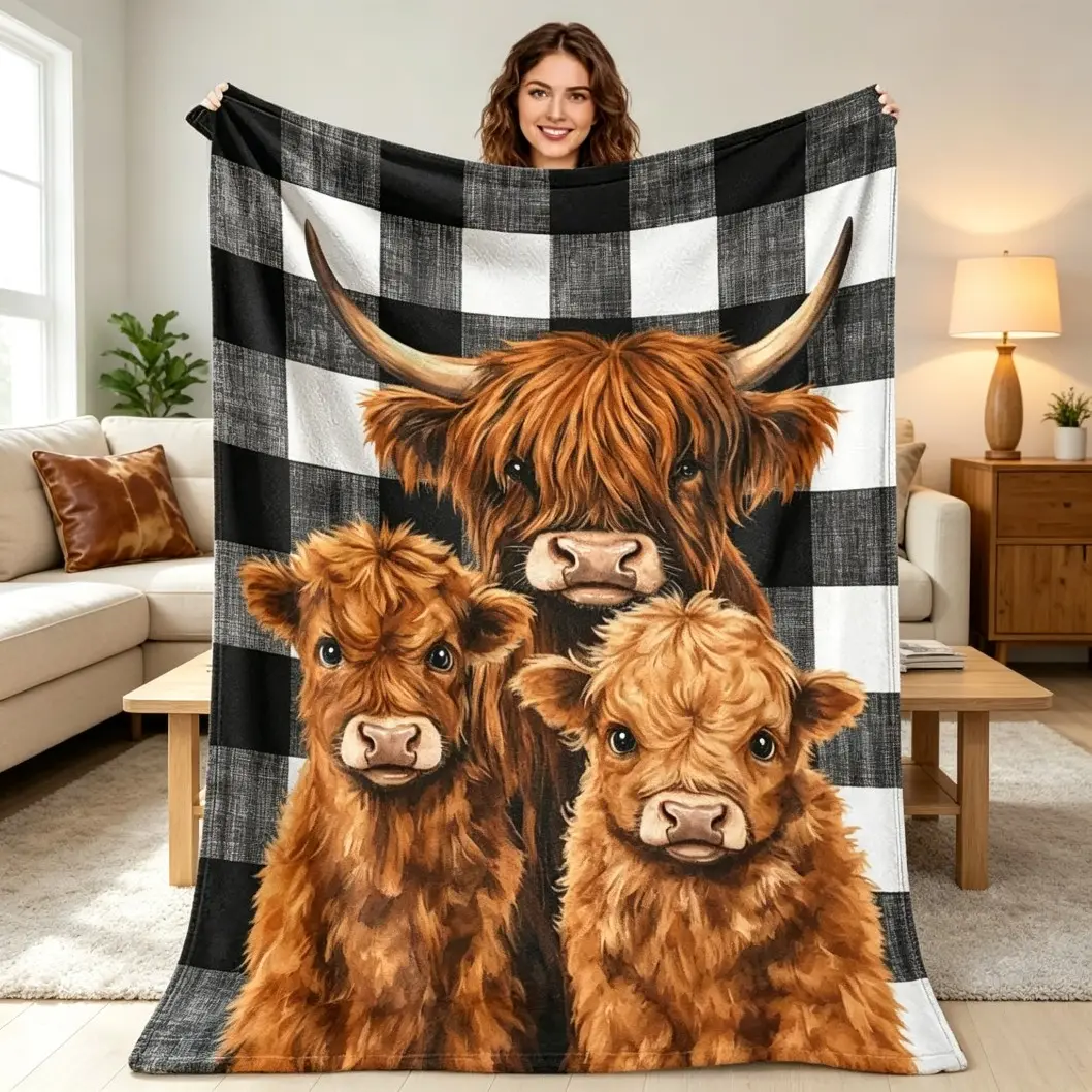 Highland Cow Buffalo Plaid Printed Flannel Blanket, Rustic Farmhouse Throw Blanket, Cozy Country Style Graphic Cover for Couch Bed Sofa Living Room Fall Winter Home Decor, Animal Lover Gift for Adults Kids, Throw Blankets, Cooling Blanket, Blankets Beddin