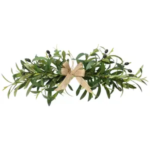 24-Inch Olive Wreath for Front Door Decoration, Harvest Wreath with Burlap Bow, Spring Summer Easter Wedding Festival Decorations, Holiday Decor