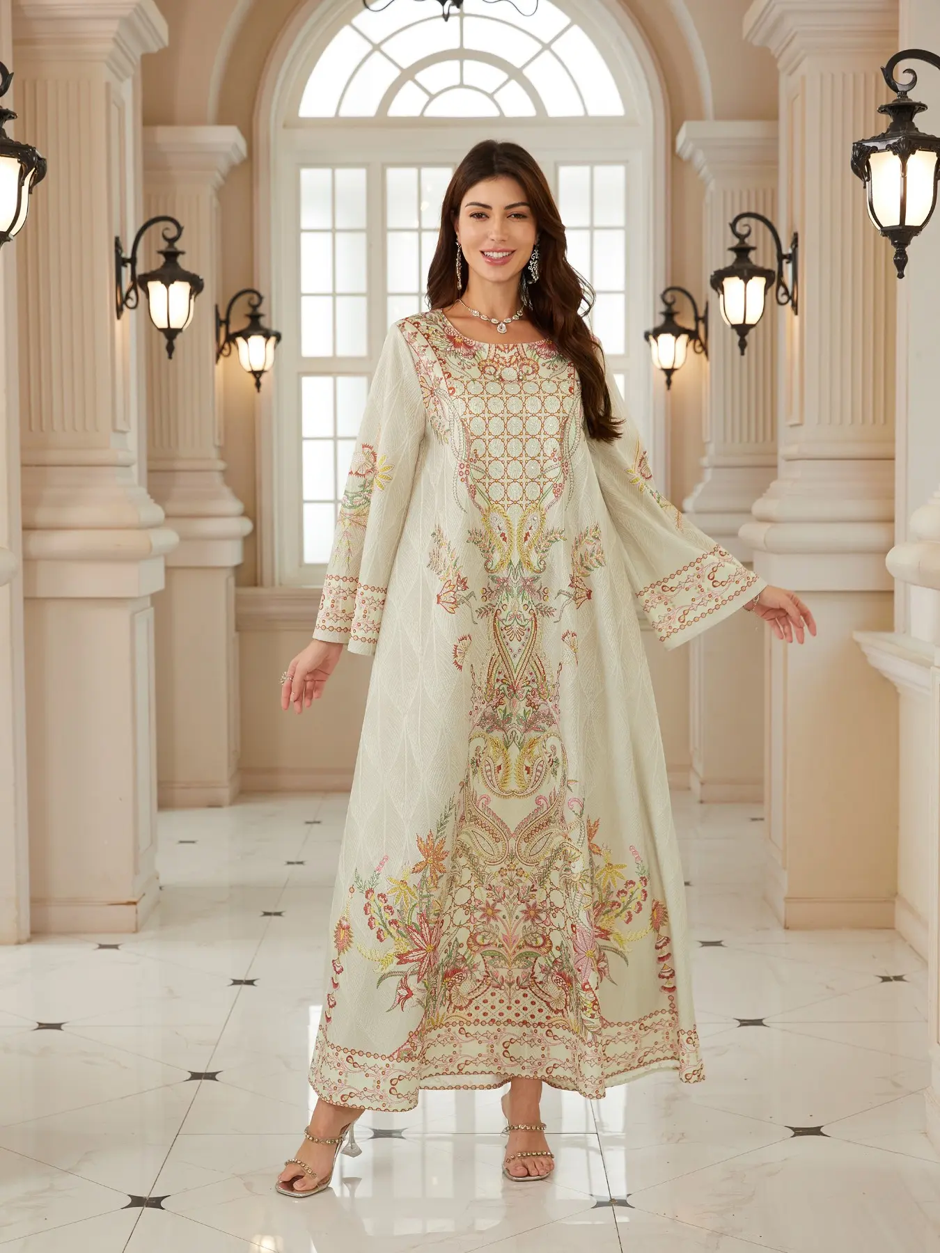 Women's Embroidered Fabric New Design Printed Rhinestone Dress, Kaftan Long Robe, Festival Evening Gown, Abayas Full Rhinestone