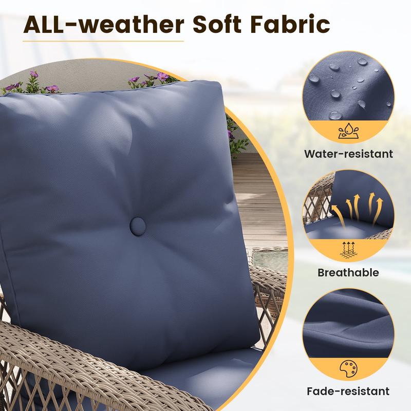 UDPATIO 3 Pieces Patio Furniture Set, Outdoor Swivel Rocking Chairs Wicker Patio Bistro Set Glass Top Side Table and Thickened Cushions Lounge