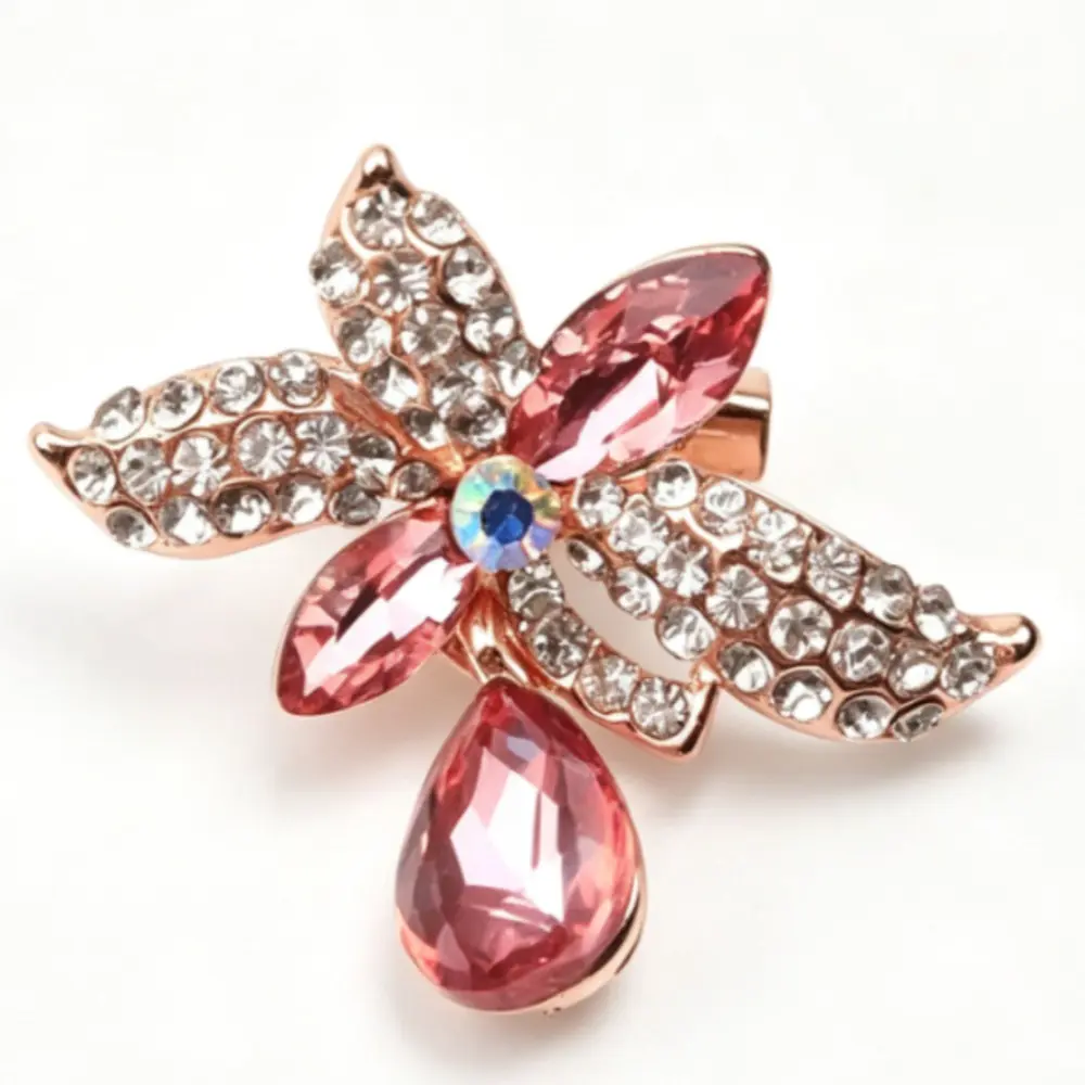 Unisex Elegant Pink Crystal Flower Brooch Rose Gold-Tone Alloy Floral Pin with Pave Accent for Daily Wear Gifting