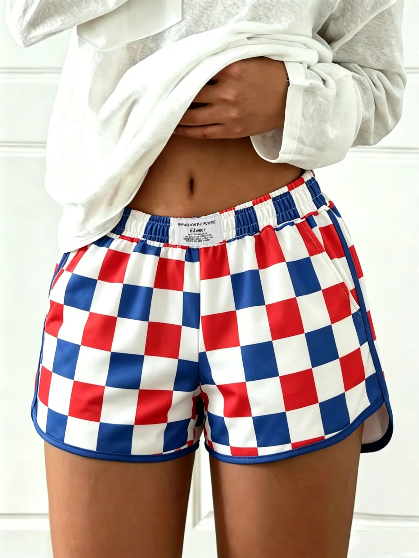 Women Red Blue Checkerboard Drawstring Adjustable Casual Bottoms Shorts Elastic High Waist Loose Athletic Shorts With Pockets Summer Beach Lounge Shorts