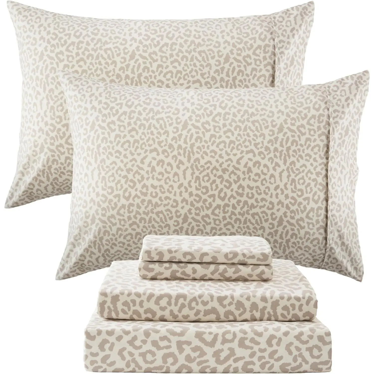 Queen Leopard Print Sheets, Pattern Queen Size Sheet Set with Elastic Corner Straps, Soft Microfiber Animal Bedsheet, Beige