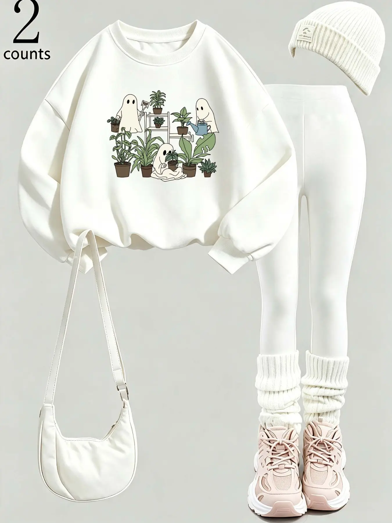 Women's Two-Piece Set, Loose Round Neck Ghost Plant Print Sweatshirt with High-Waist Shark Pants, Casual Y2K Fashion