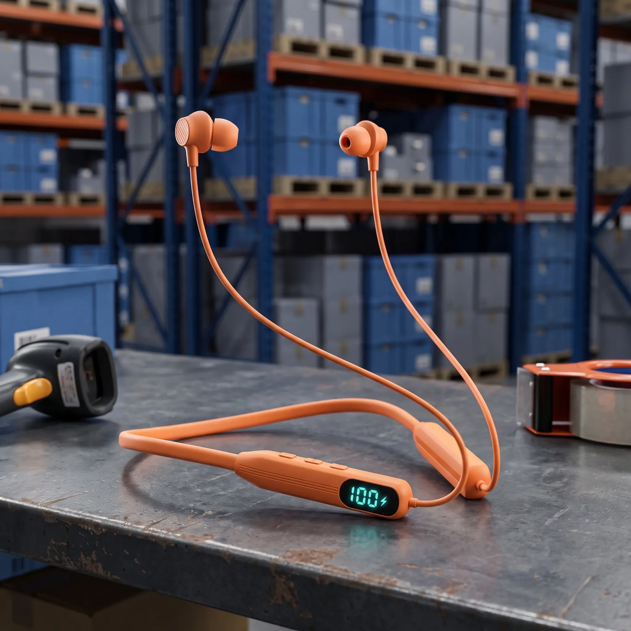 Bright Orange Hi Vis Neckband Headphones Digital Power Display IPX5 Sweatproof Safety Bluetooth Earbuds with Mic for Warehouse Workers Hands Free Calling Dual Device Smart Touch Control Audio Connection
