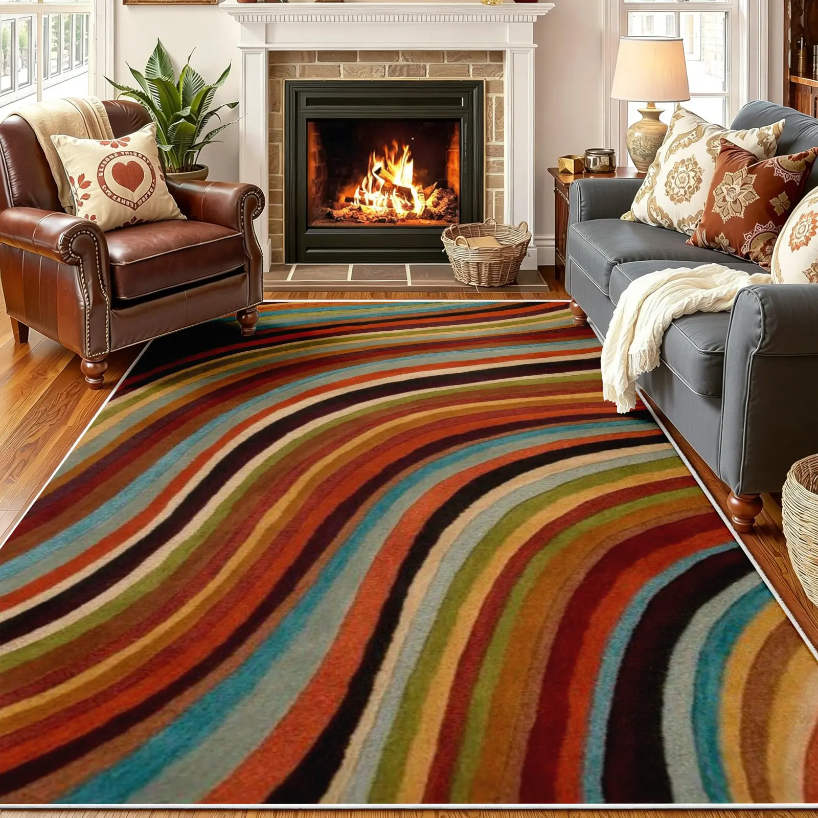 1PC Modern Abstract Area Rug, Multicolor Wavy Stripe Carpet, Soft, Non-Slip, Machine-Washable Floor Covering, Stain-Resistant, Low-Pile Rug, Aesthetic Decor for Living Room and Bedroom (Various Sizes)