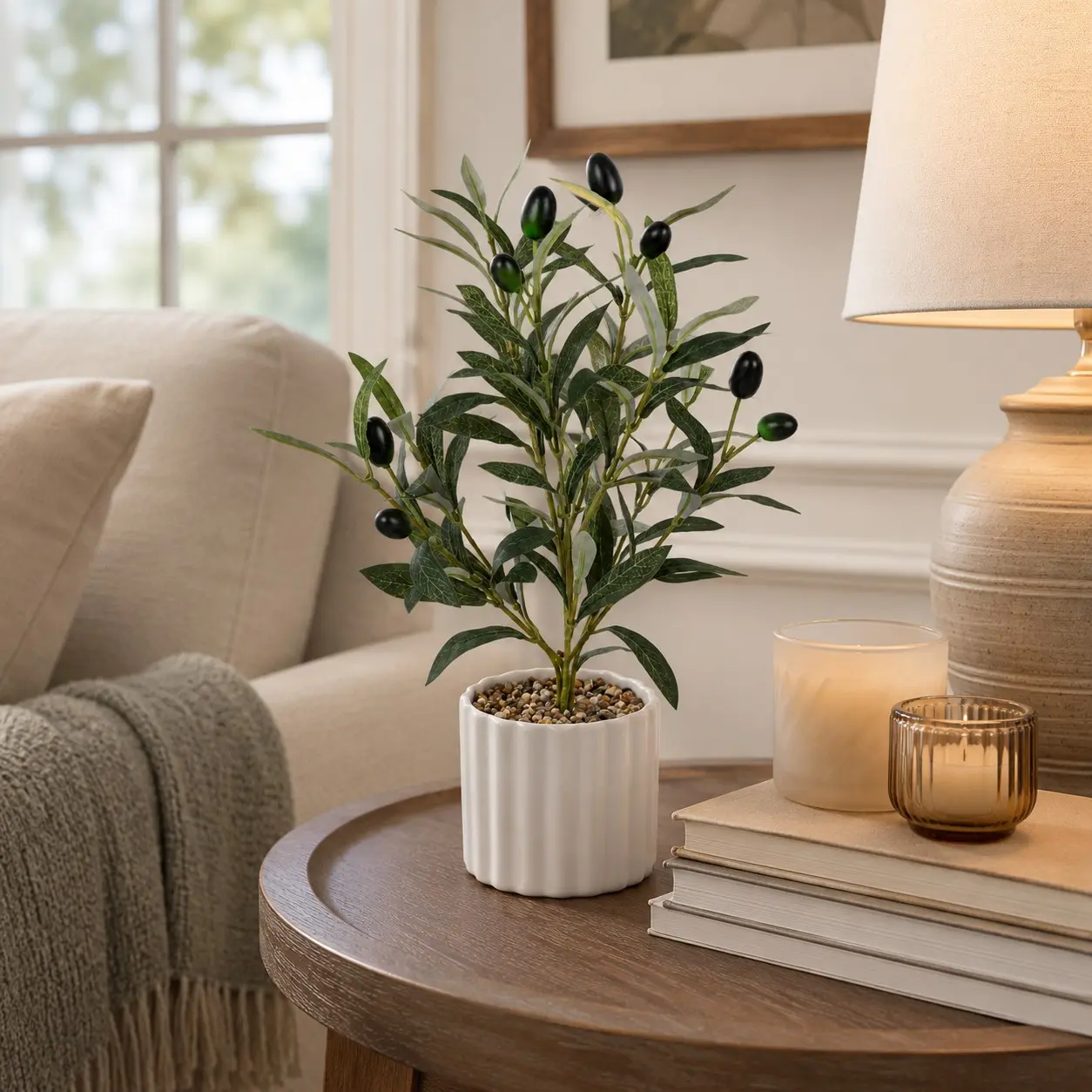 1PC Artificial Olive Tree in Pot, Realistic Faux Olive Plant with Black Olives, Artificial Plants, Mini Potted Greenery for Indoor Home Office Table Shelf Decor