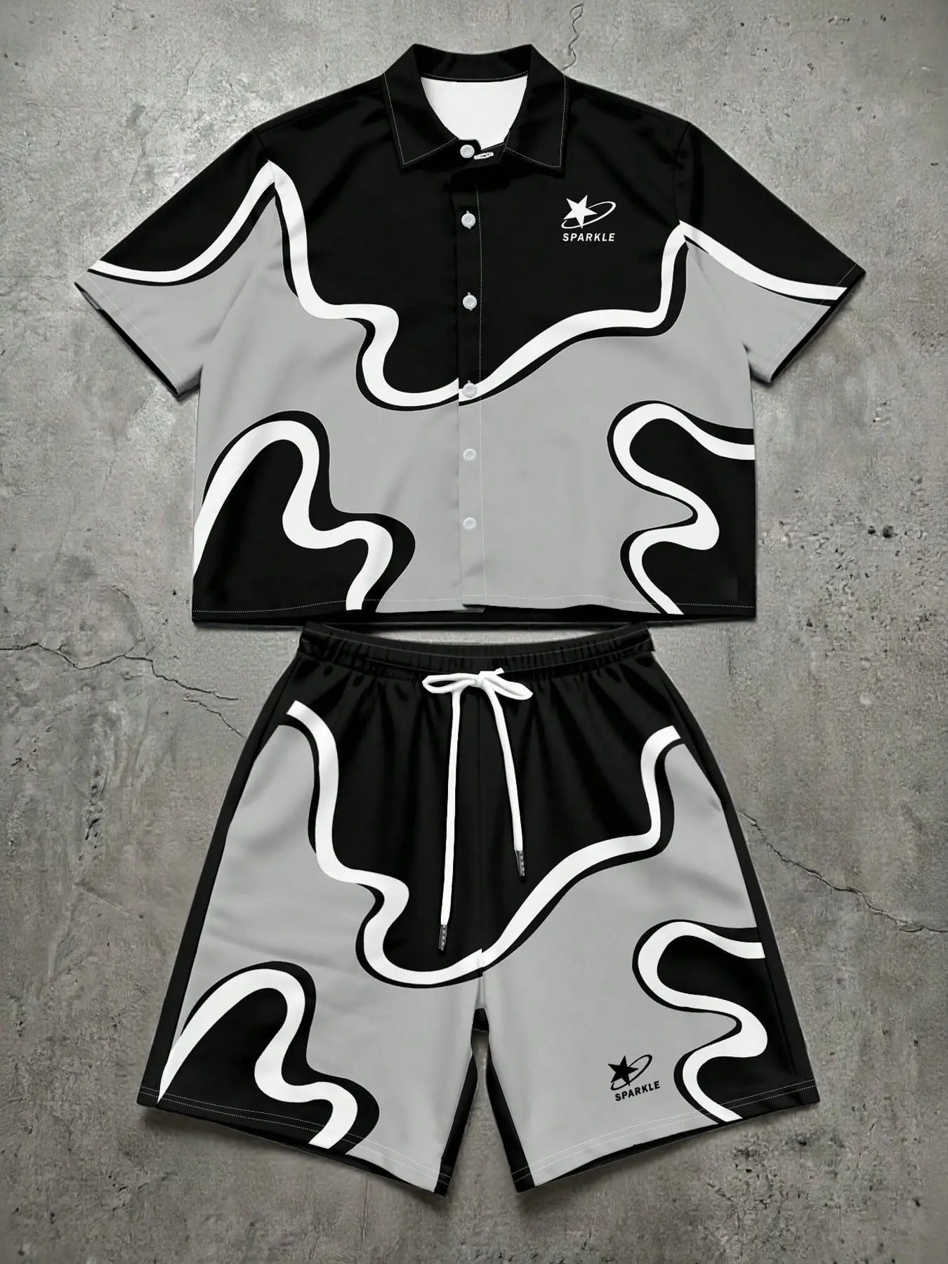 2-Piece Unisex Sportswear Set, Short Wave Pattern Shirt & Elastic Waist Shorts, Breathable Casual Wear, Ideal for Beach & Street Style