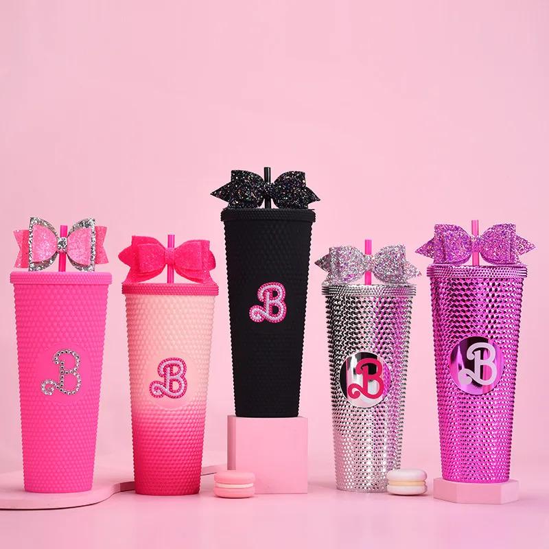 24oz Pretty Pink Studded Logo Tumbler with Matching Straw 710ml Gradient Hand Cup Double-layer Plastic Insulated Drinkware