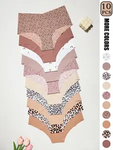 10-Pack Leopard Print High-Waist Seamless Women's Underwear, Breathable Quick-Dry Sporty Lingerie, Fall Winter Multi-Piece Set