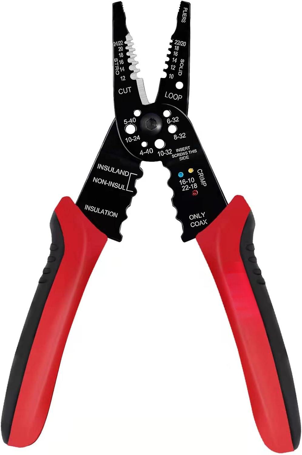 WG-015 Professional 8-inch Wire Stripper/Crimping Tool, Cable Cutter/Crimper, Wiring and Multi-Function Hand Tool, Red With Black