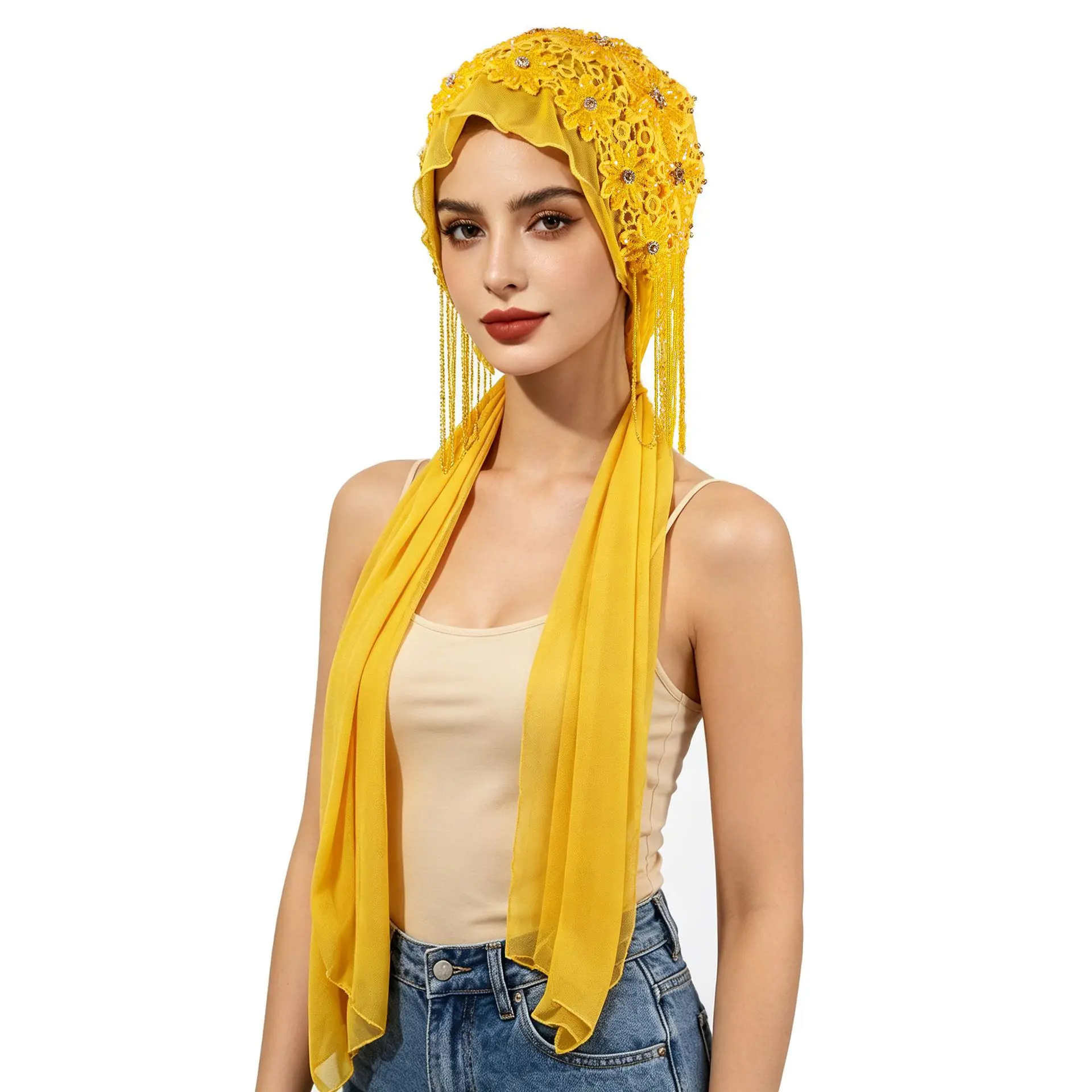 Women's Viral Yellow Floral Lace Beaded Turban Cap with Draped Scarf Tail Rhinestone Tassels, Chiffon Stretch Fabric Female Headwear for Church Events, Modest Fashion Sports Headband, Beaded Tassels