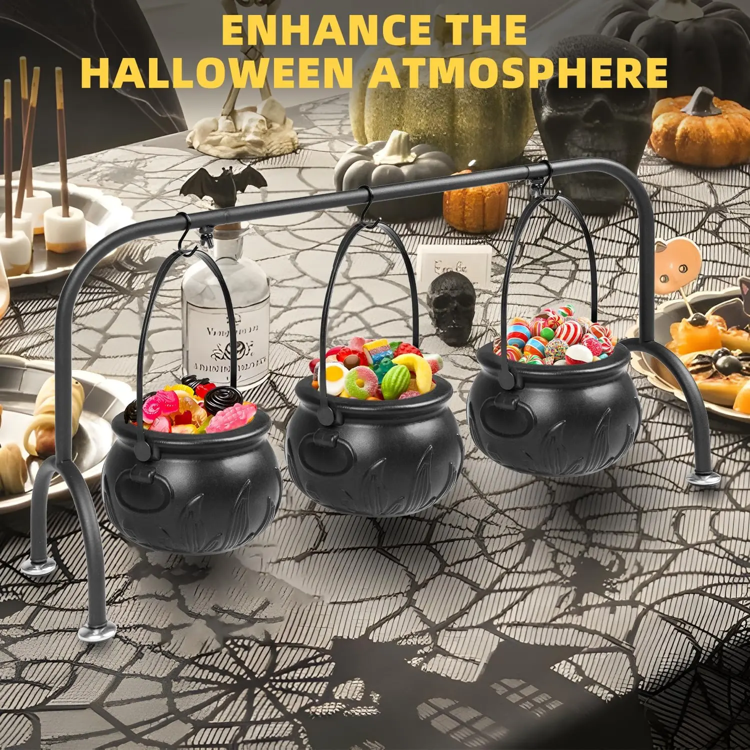 Halloween Candy Bowls, Mini Halloween Witch Jars, Set of 3 Witch Cauldron Candy Bowls with Stands, Perfect for Holding Halloween Candy, Great for Kids, Black Plastic Candy Cauldrons, Table Decor, Halloween Party Decorations.