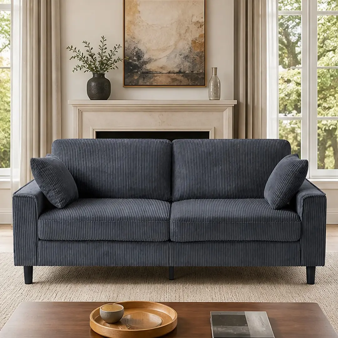 ARCH 81.8" Wrinkle-Resist Corduroy 2-Seat Loveseat Sofa - Iron & Wood Frame, Square Arms, Space-Saving Comfy Couch, Assembly Required, Indoor Living Room Apartment Use (Gray, Orange Color Options)