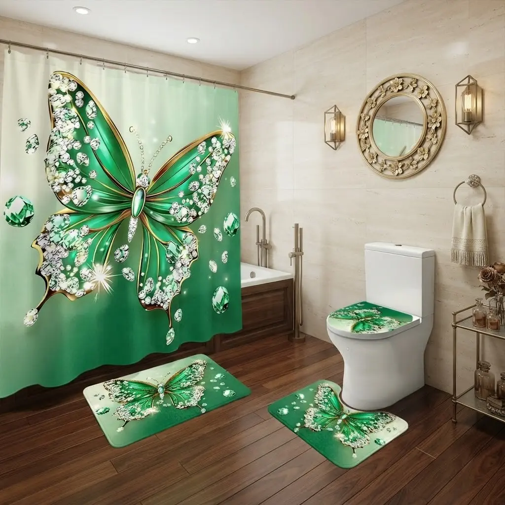 4pcs Gradient Emerald Rhinestone Butterfly Shower Curtain Set, Sparkling Crystal Gem Insect Art, The floor mat fabric is thicker and softer! Glam Bathroom Accessory Kit, Bathroom Shower Curtains