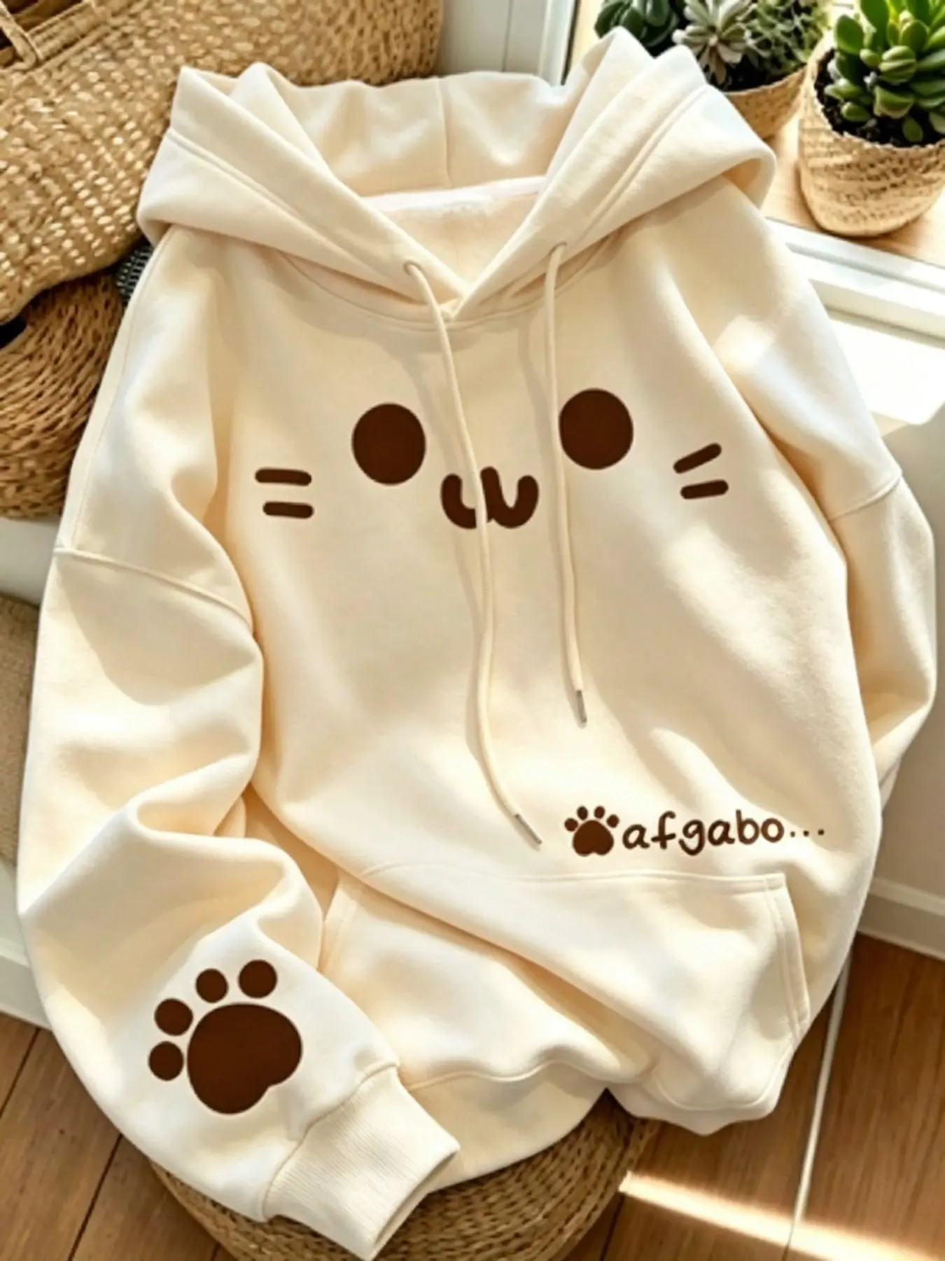 Women's Fleece Lined Cute Cat Graphic Hoodie, Oversized Drawstring Pocket Long Sleeve Pullover Hooded Sweatshirt, Casual Daily Streetwear Outfit, Soft Warm Loose Fit Kawaii Tops for Autumn Winter