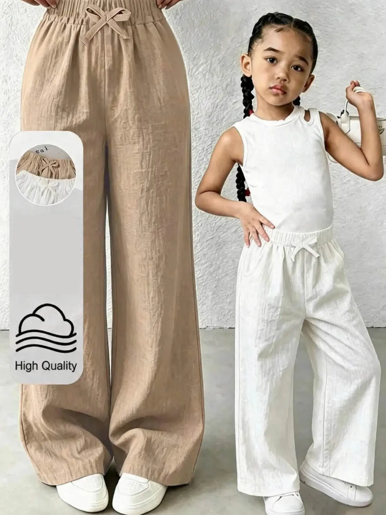 Girls' and Textured Wide Leg Pants, Elastic Butterfly Knot, Breathable Straight Leg Casual Long Pants, All Seasons