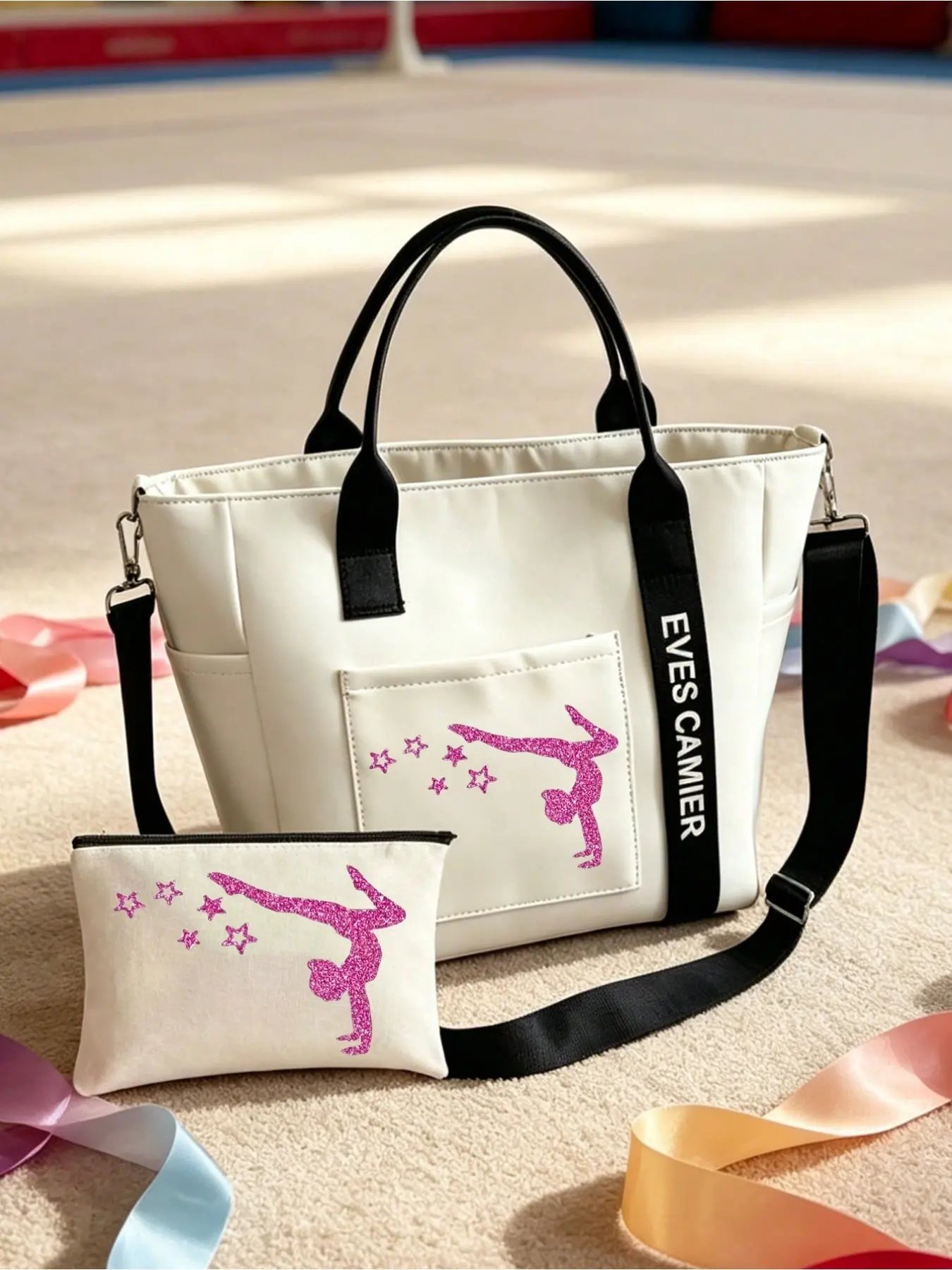 Gymnastics themed 2-piece set: large tote bag + small zipper makeup bag. Lightweight & durable with inner pockets. Great for training, competitions, school and gym use to store daily essentials.