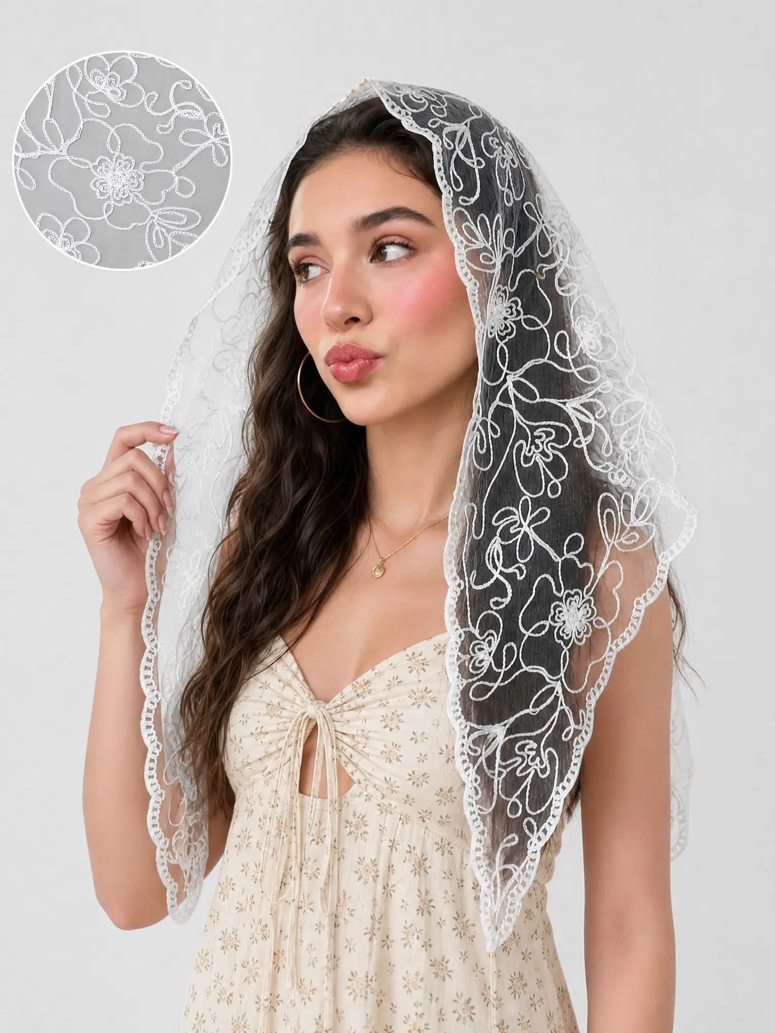 Elegant Floral Embroidered Triangle Shawl, Contrast Lace Summer Scarf, Casual Wear, Perfect for Weddings and Events, All Seasons Accessory