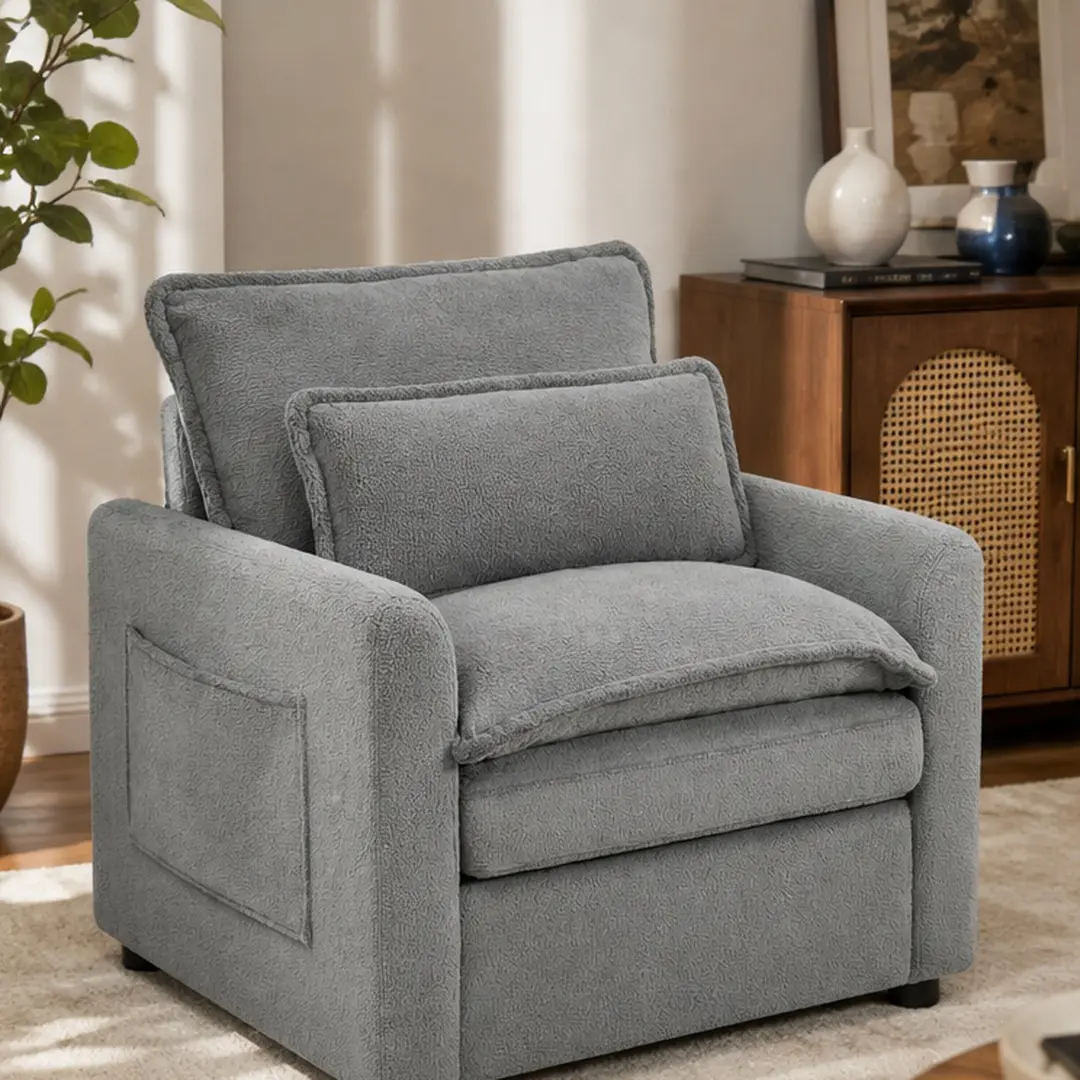 ARCH Contemporary Faux Fur Comfy Accent Chair - Single-Seat Furniture with Double-Layer Cushion, Dual Storage Pockets, Rolled Arms, Lumbar Pillow, 33.9in W x 31.9in D x 35.8in H, 46.74lb, Assembly Required for Small Spaces, Living Room