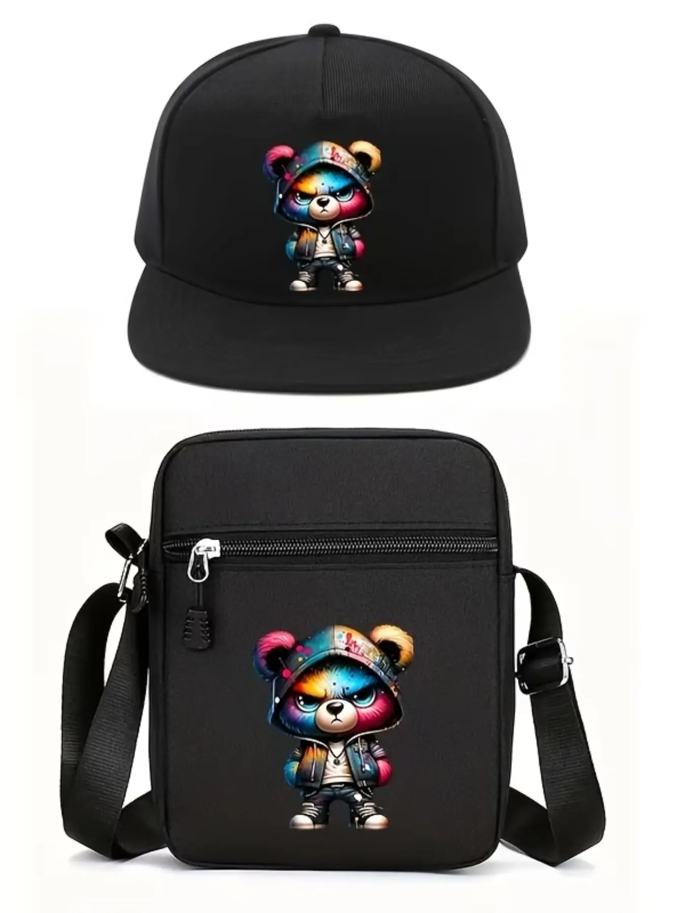 2pcs Bear Pattern Baseball Caps and Crossbody Bags, Adjustable Street Fashion Outdoor Sports Hats, Perfect for Daily Wear and Gifts