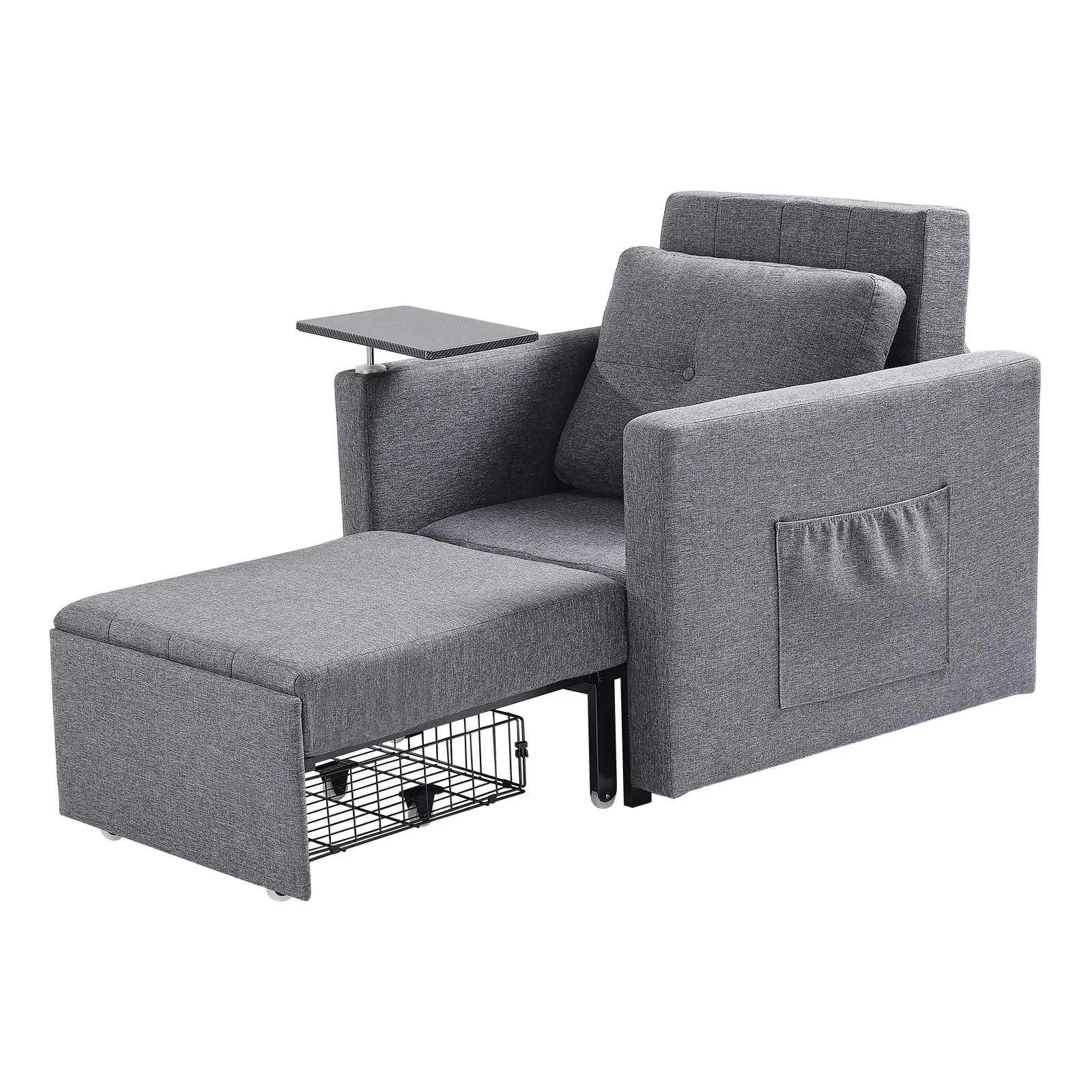 Sleeper Sofa Bed, 5 Adjustable Angles Backrest, Single Pull Out Sofa Couch with 2 Wheels and Bottom Storage, Convertible Sleeper Bed with Side Pocket, Pillow, Armrest and Desk Board, Gray