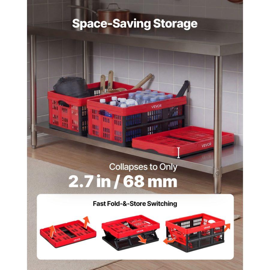 VEVOR Plastic Collapsible Storage Bins, 32L 3 Packs, Stackable Folding Storage Crates with Handles, Holds 26 lbs Per Bin, Foldable Heavy Duty Containers, Space-Saving Baskets, for Home Organizing