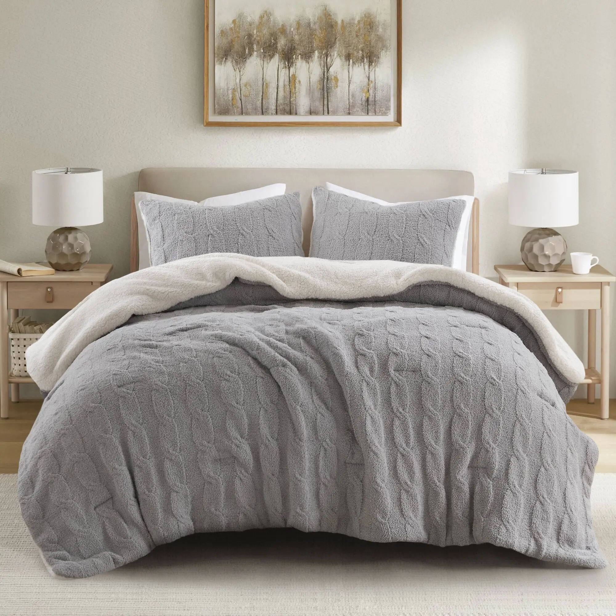 Nokaa 3-Piece Full/Queen Cable Knit Chenille Comforter Set, Soft Textured Bedding, Gray, Cozy All-Season Down Alternative Quilt, Lightweight Fluffy Duvet Insert, Machine Washable, Bedroom Guest Room Decor