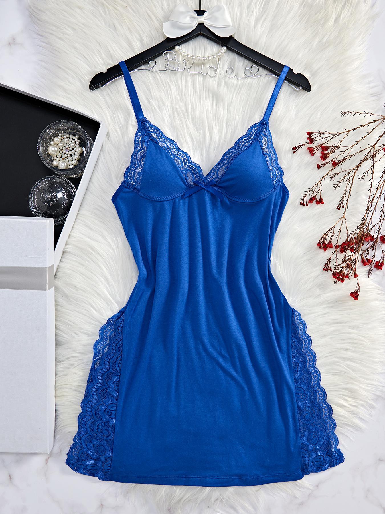 Women's Lace Bow Front Split Backless Cami Nightdress, Breathable Sleep Dress for Women, Soft Solid Spaghetti Strap Nightgown, Dress for  Womenswear