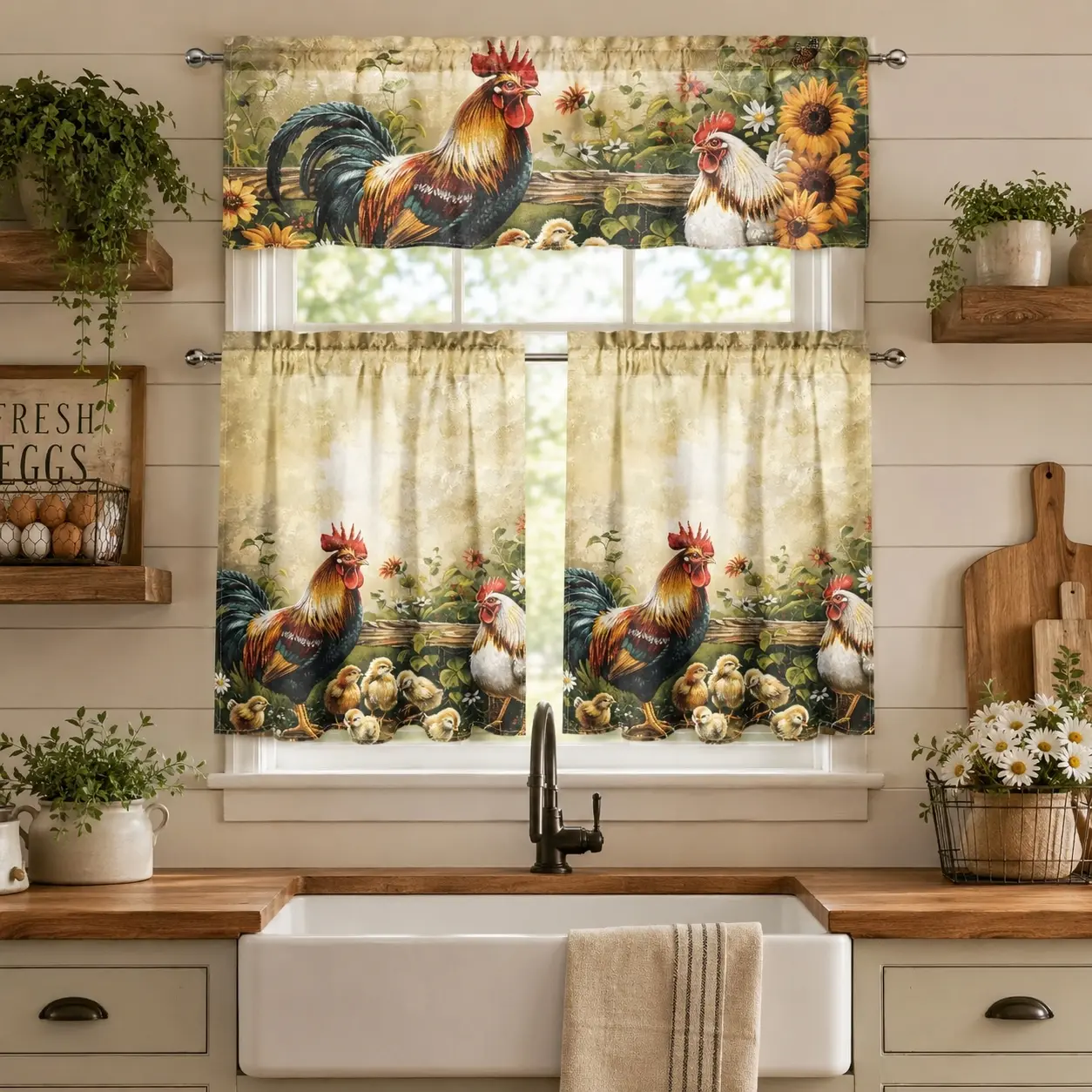 Vintage Farmhouse Country Curtains Floral - 3pc Stain-Resistant PVC Fabric Valance with Sunflower Roosters, 1.5m Layered Design Curtains for Small Windows, Machine-Wash Kitchen Settings