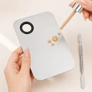 2PCS Professional Stainless Steel Makeup Palette with Spatula Tool, Cosmetic Mixing Palette for Foundation, Pigment Blending, Nail Art, Eye Shadow & Beauty Salon