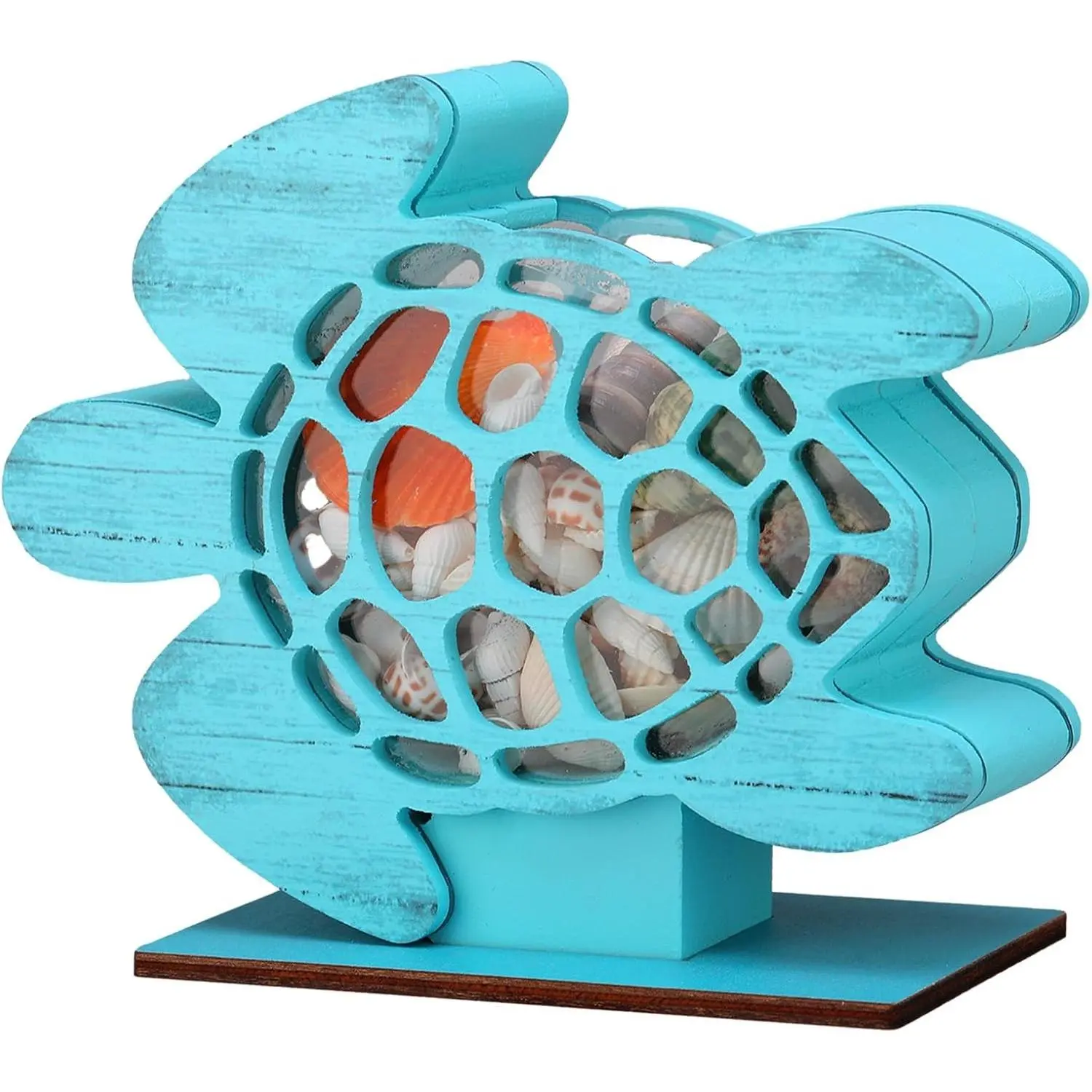 Wooden Seashell Box with Clear Lid Shell Holder Blue Sea Turtle