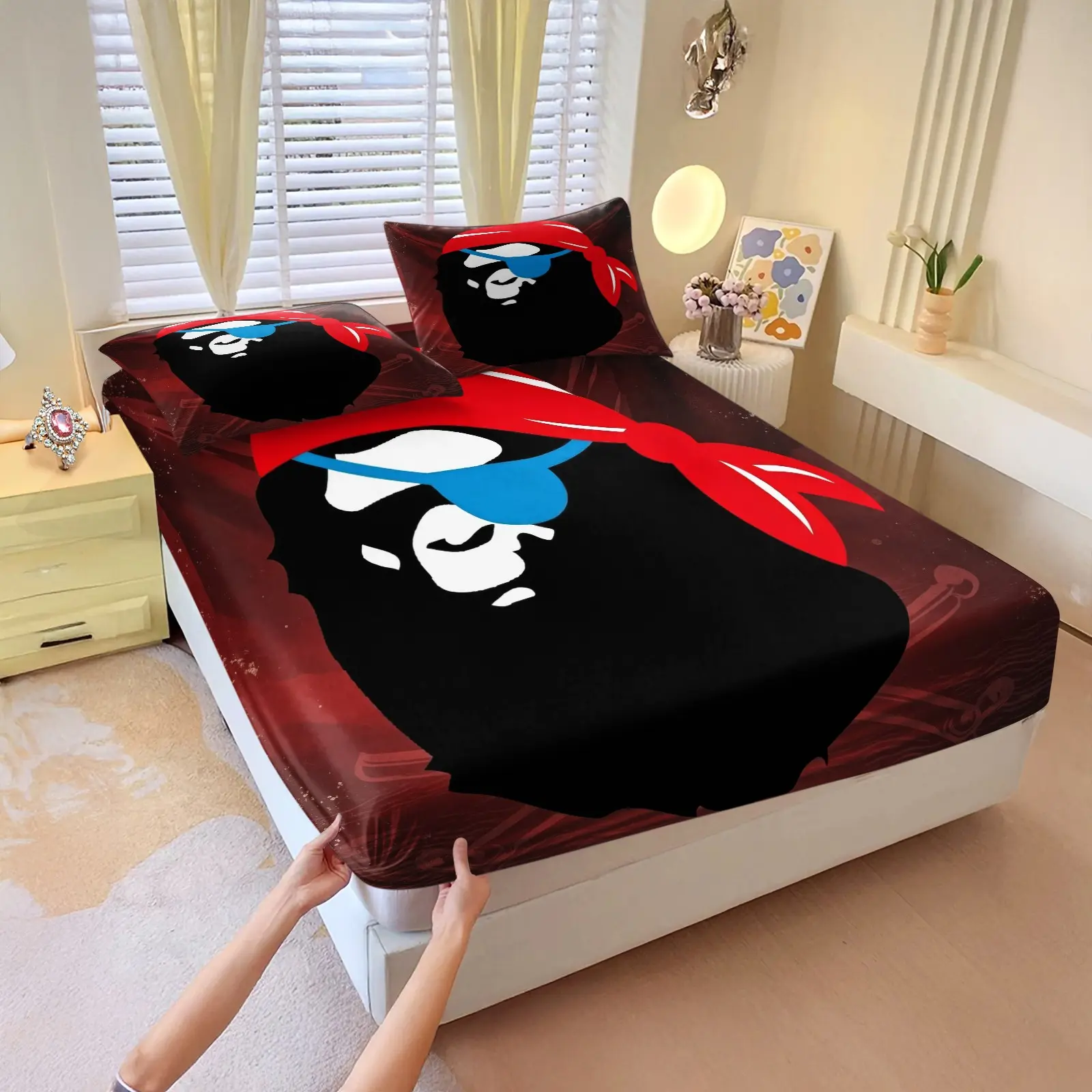 3pcs Pirate Ape Head Print Fitted Sheet Set: A Trendy Pirate Style Bedding Set With A Red Headscarf And Blue One-Eyed Mask Design. Soft And Comfortable Microfiber Sheets Are Suitable For All Seasons And Include 2 Pillowcases (Pillow Inserts Not Included)