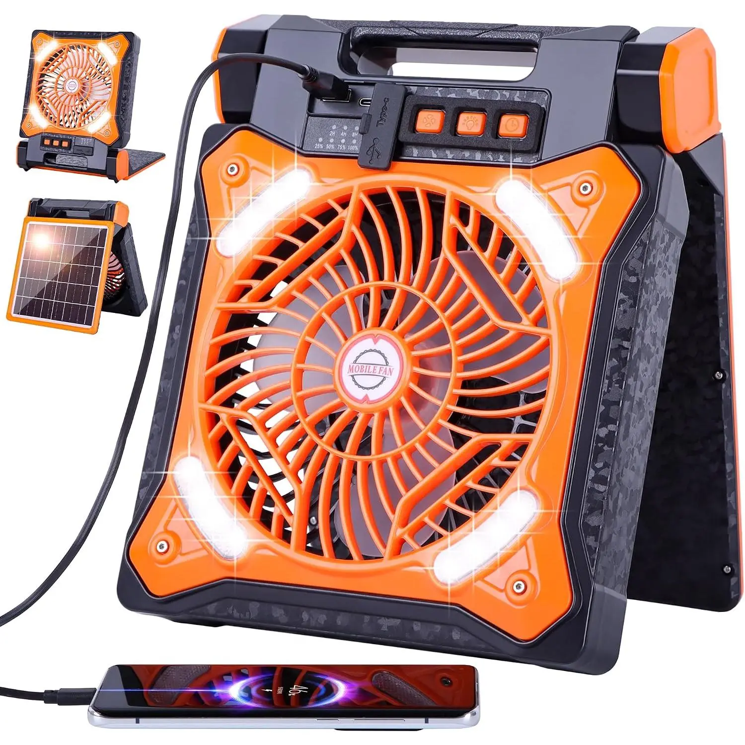 Solar Fan   Rechargeable Solar Camping Fan with Led Lantern Power  Foldable Angle USB Personal Fans for Travel Outdoor CampingTents camping essentials X98 Orange