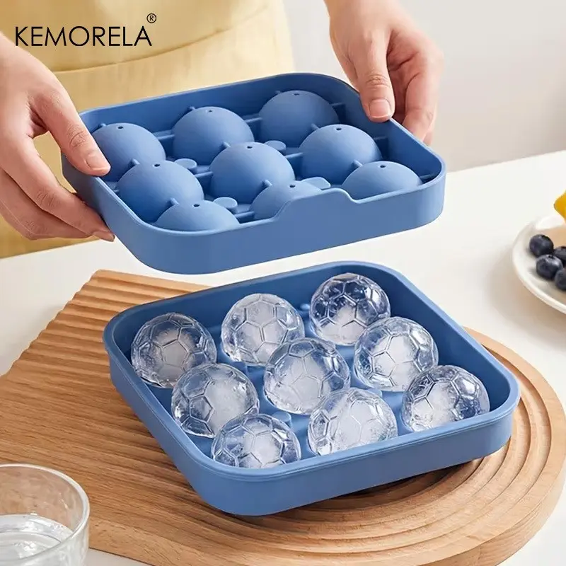 Kemorela 9-Hole Silicone Soccer Ball Ice Cube Tray with Lid, Ice Ball Trays, Ice Molds, Round Ice Ball Mold for Whiskey, Cocktails, Party Drinks, Easy-Release Flexibility