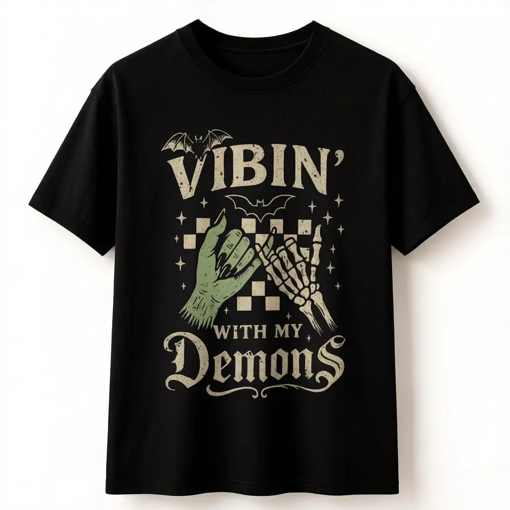 Women's Gothic Cotton Graphic Sports T-Shirt - Short Sleeve, Casual Wear, Soft Fitted, Comfortable, Vibin' With My Demons Skeleton Hand Print, Alternative Streetwear, Beach Fashion Top, Shortsleeve, Round Neck